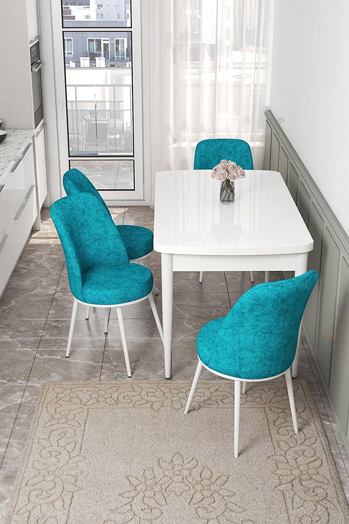 Rovena Leona Beyaz 80x132 Açılabilir Mdf Mutfak Masası Takımı 4 Adet Sandalye