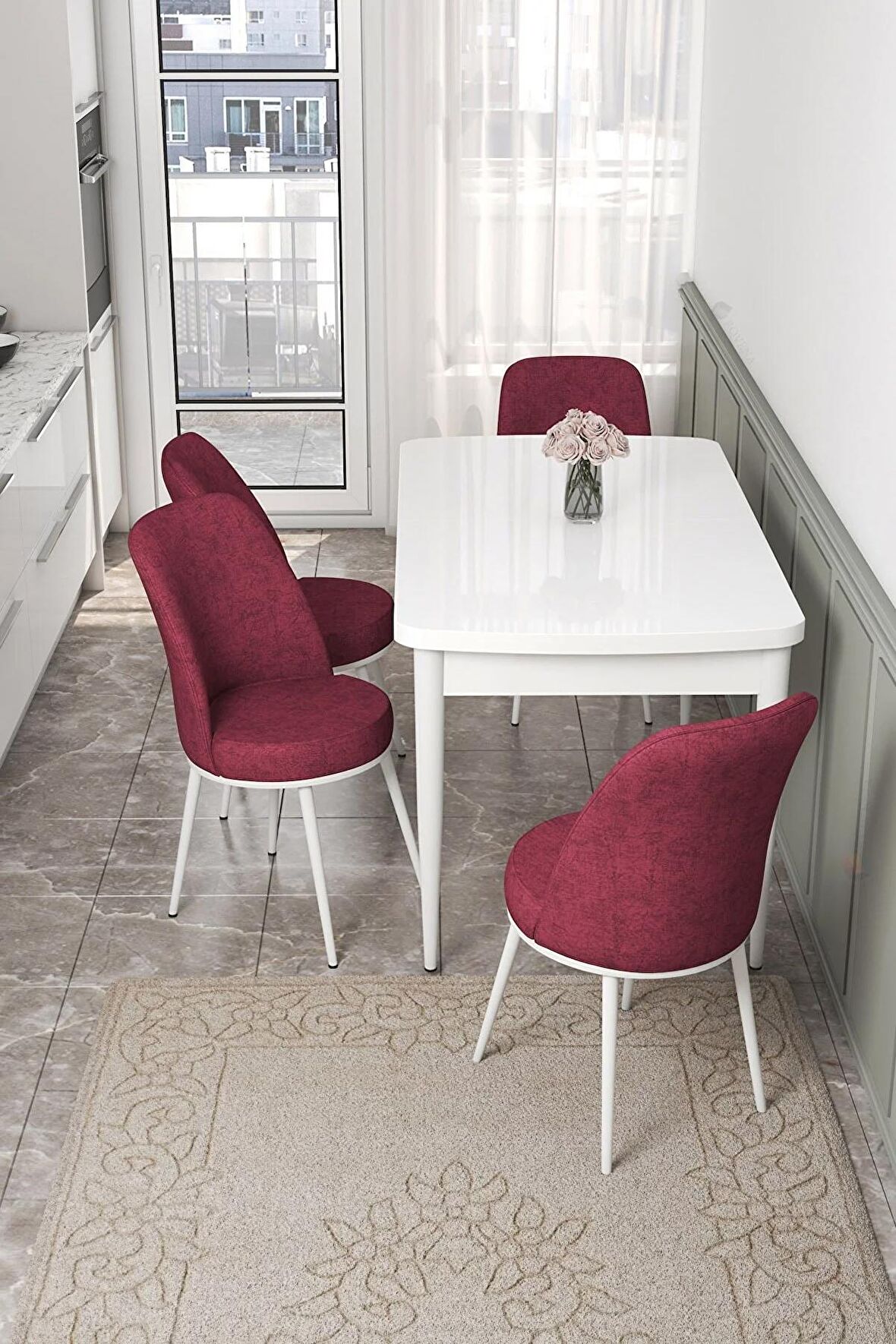 Rovena Leona Beyaz 80x132 Açılabilir Mdf Mutfak Masası Takımı 4 Adet Sandalye
