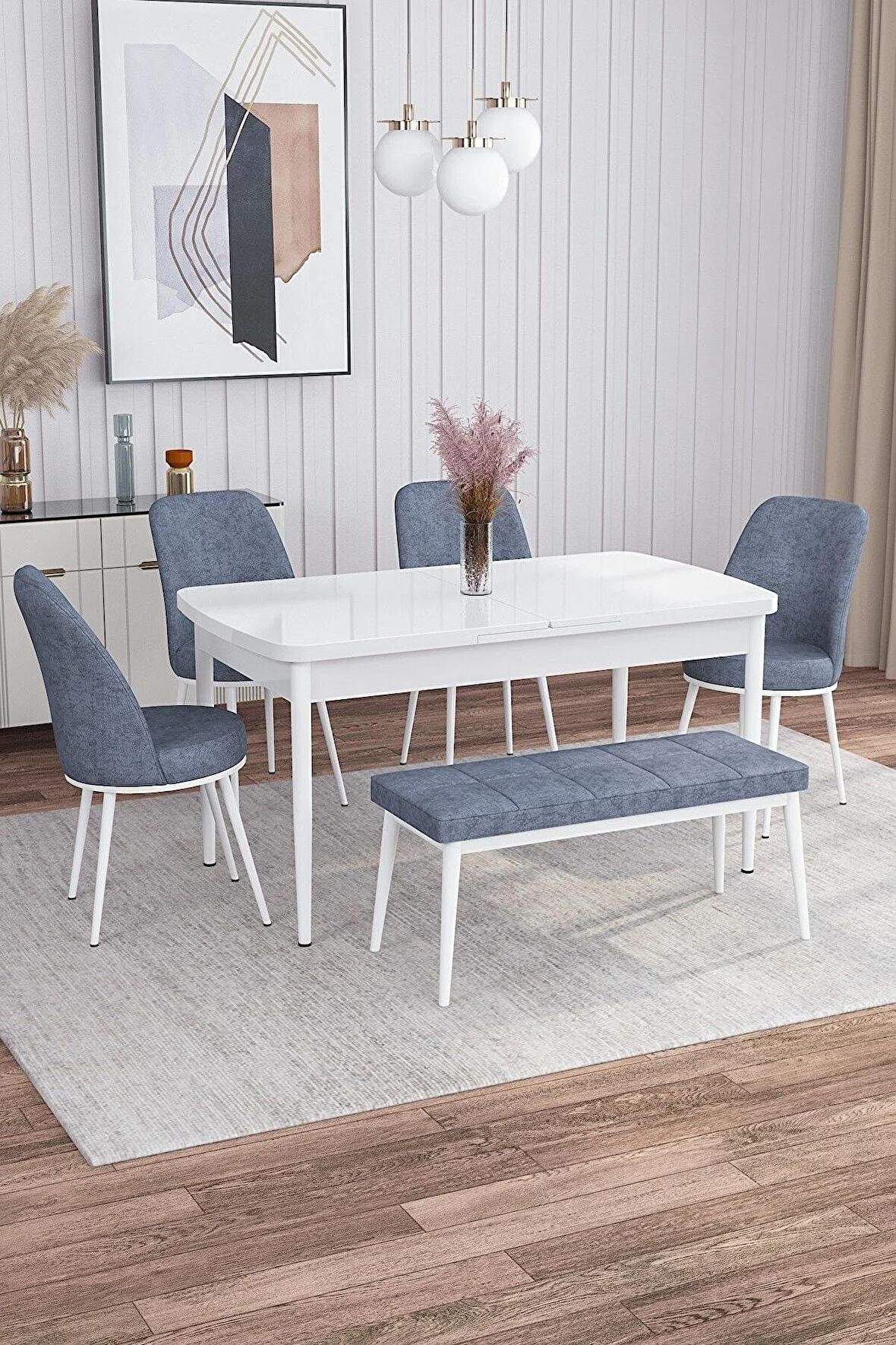 Rovena Leona Beyaz 80x132 Açılabilir Mdf Mutfak Masası Takımı 4 Adet Sandalye + 1 Bench