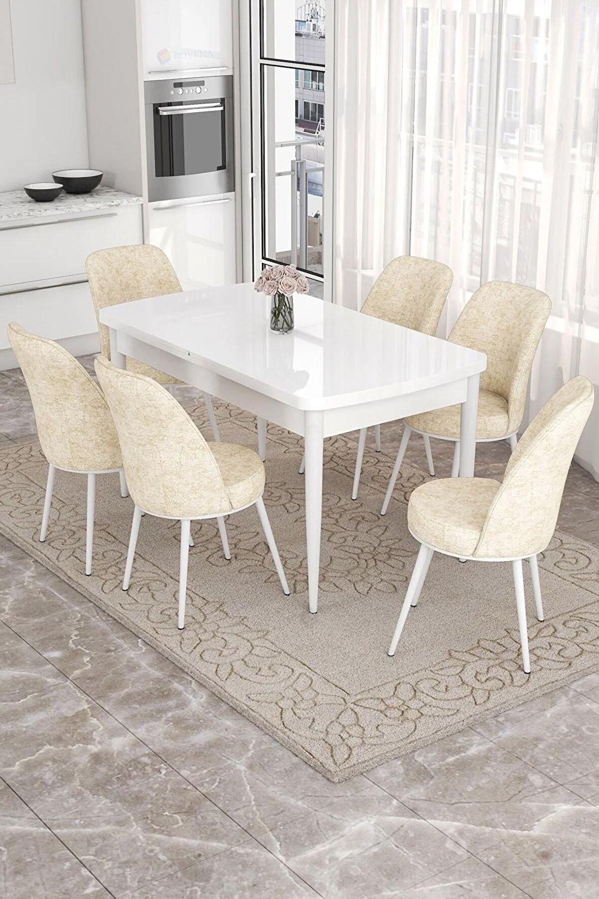 Rovena Leona Beyaz 80x132 Açılabilir Mdf Mutfak Masası Takımı 6 Adet Sandalye