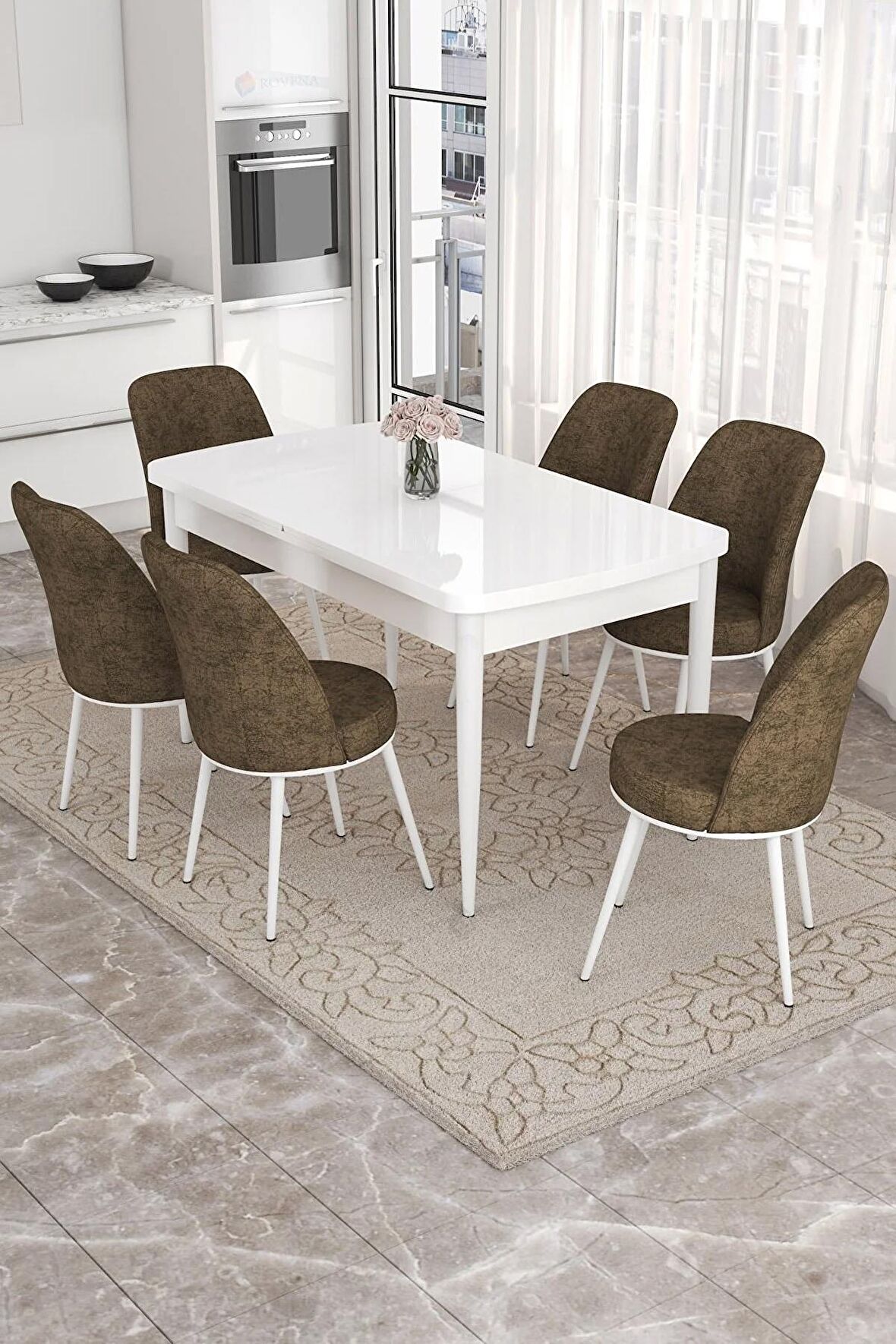 Rovena Leona Beyaz 80x132 Açılabilir Mdf Mutfak Masası Takımı 6 Adet Sandalye