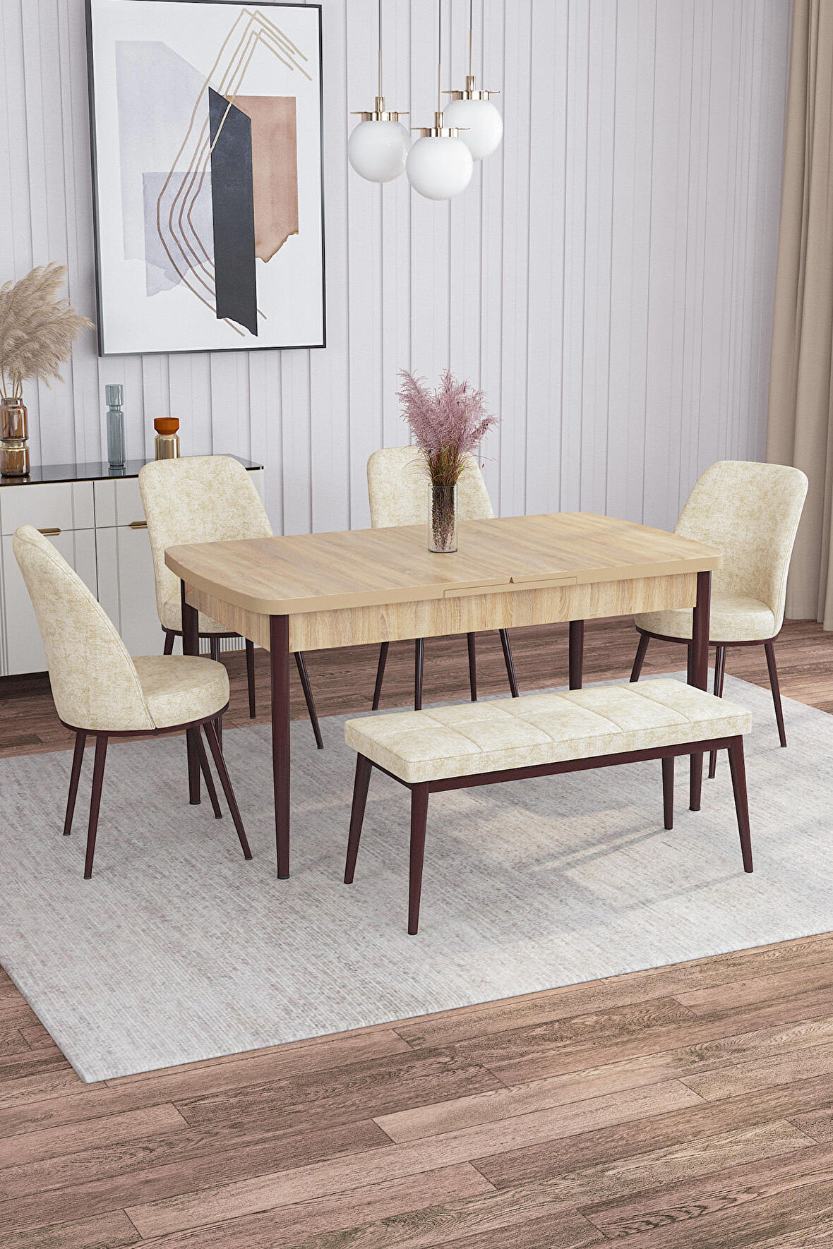 Rovena Leona Meşe 80x132 Açılabilir Mdf Mutfak Masası Takımı 4 Adet Sandalye + 1 Bench