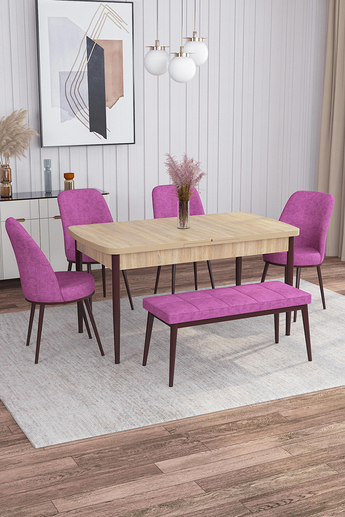 Rovena Leona Meşe 80x132 Açılabilir Mdf Mutfak Masası Takımı 4 Adet Sandalye + 1 Bench