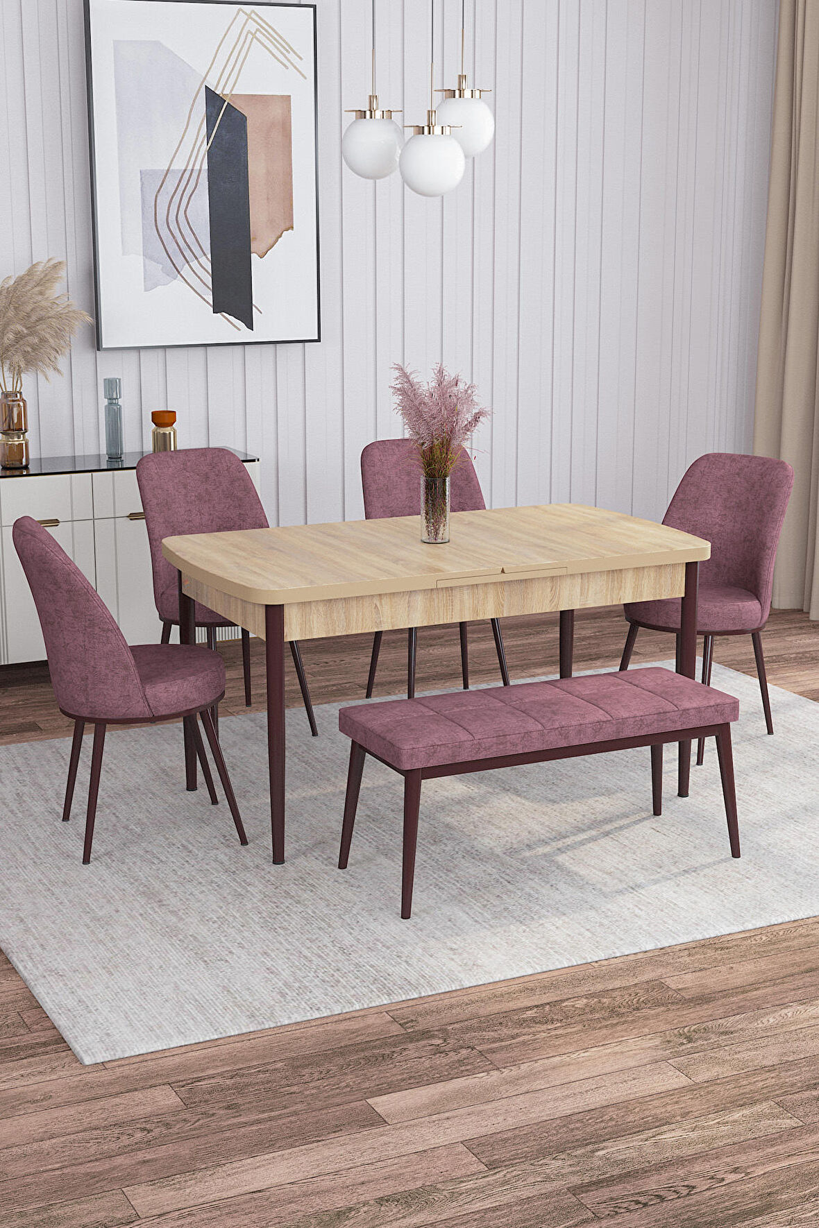 Rovena Leona Meşe 80x132 Açılabilir Mdf Mutfak Masası Takımı 4 Adet Sandalye + 1 Bench