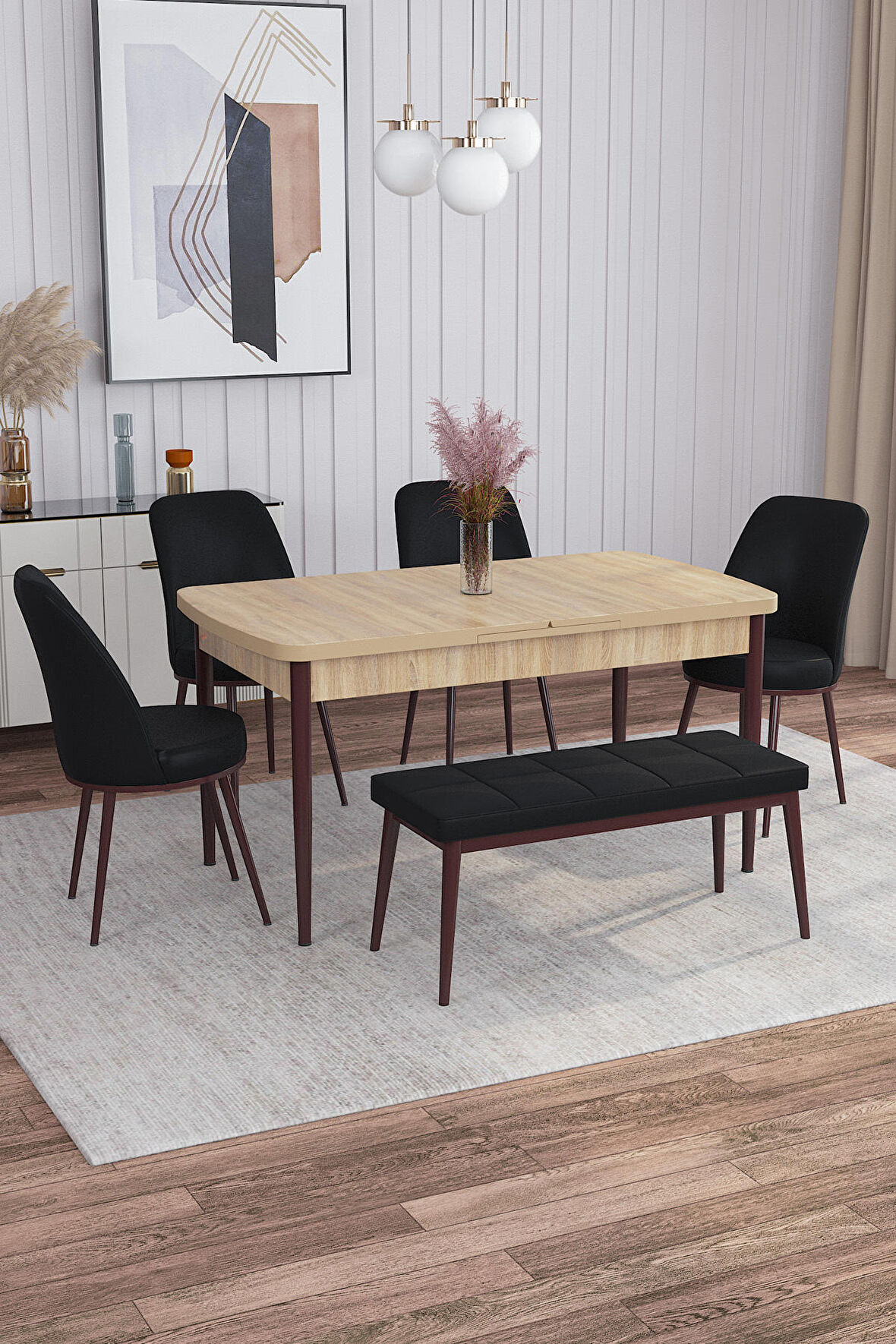 Rovena Leona Meşe 80x132 Açılabilir Mdf Mutfak Masası Takımı 4 Adet Sandalye + 1 Bench
