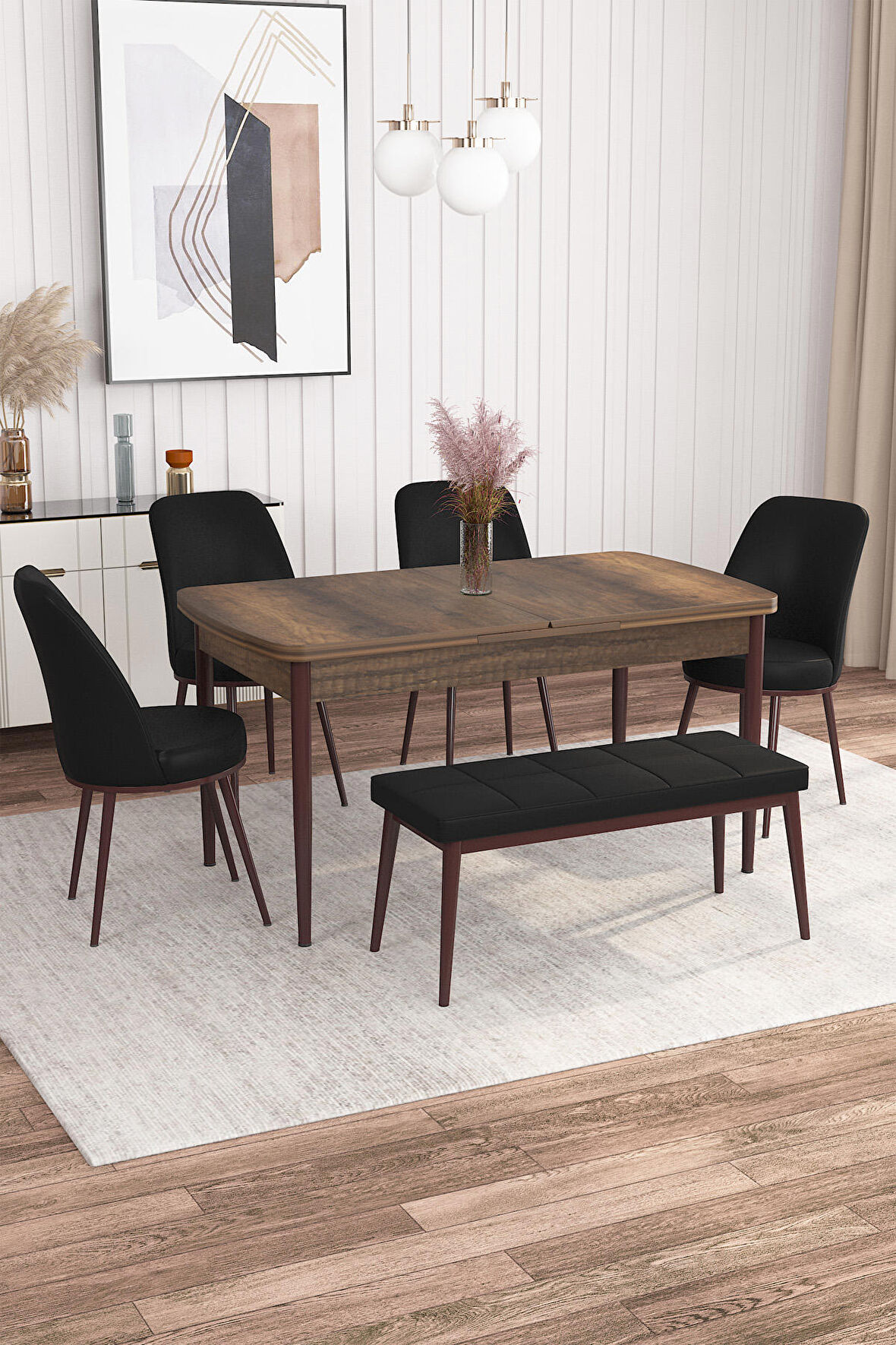 Rovena Leona Barok 80x132 Açılabilir Mdf Mutfak Masası Takımı 4 Adet Sandalye + 1 Bench