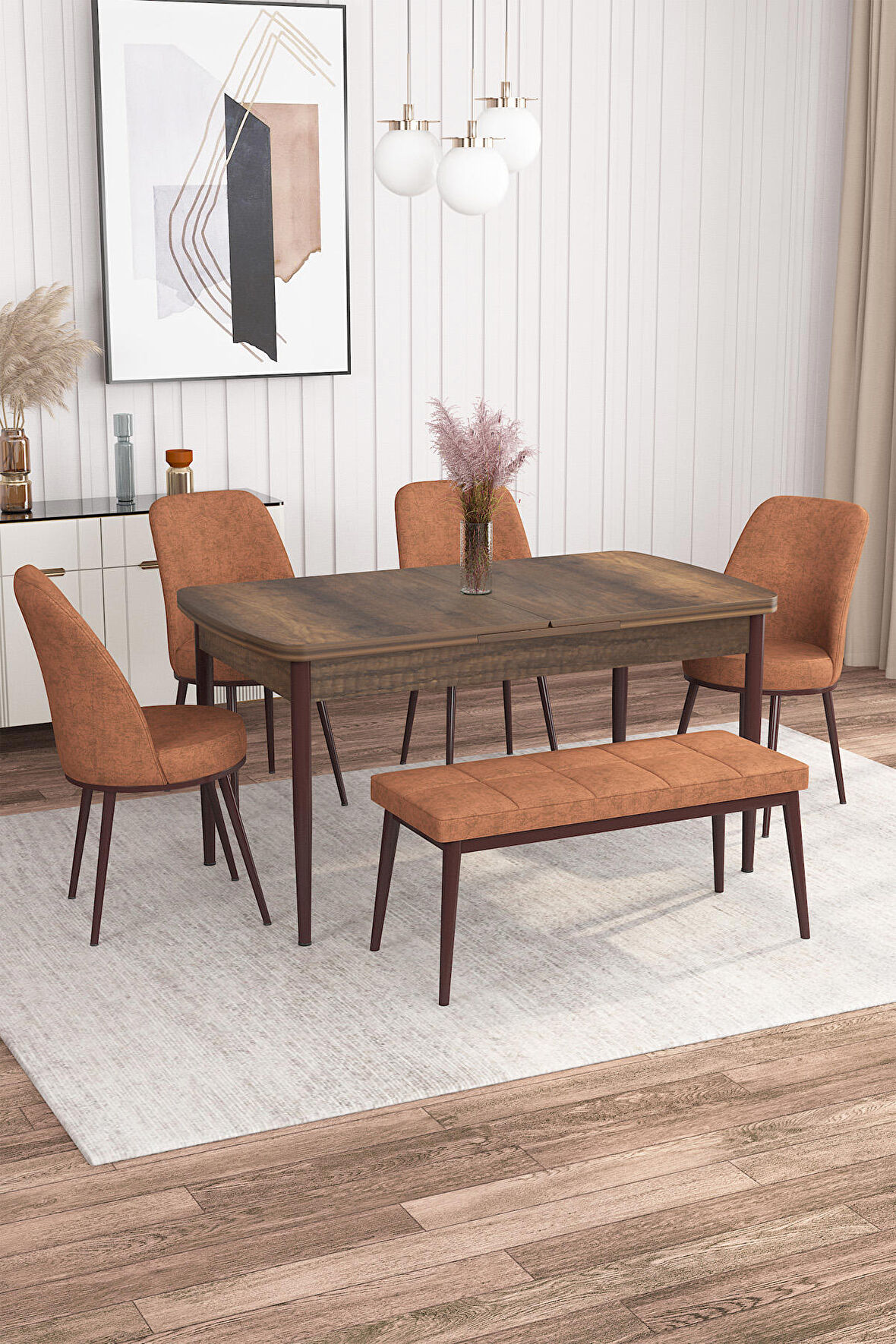 Rovena Leona Barok 80x132 Açılabilir Mdf Mutfak Masası Takımı 4 Adet Sandalye + 1 Bench