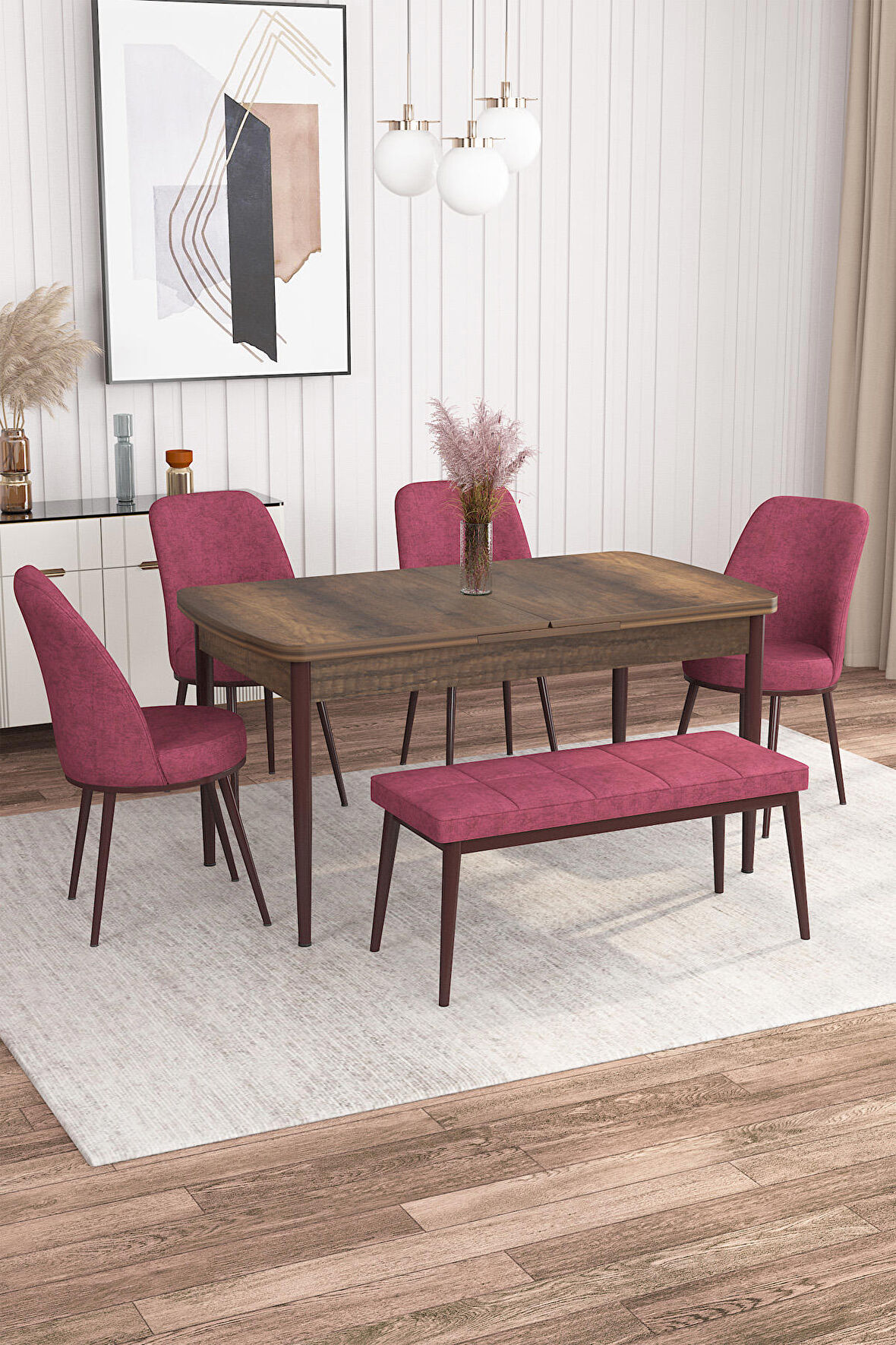Rovena Leona Barok 80x132 Açılabilir Mdf Mutfak Masası Takımı 4 Adet Sandalye + 1 Bench