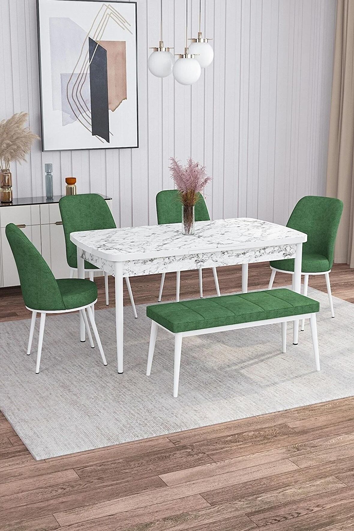 Rovena Leona Beyaz Mermer 80x132 Açılabilir Mdf Mutfak Masası Takımı 4 Adet Sandalye + 1 Bench