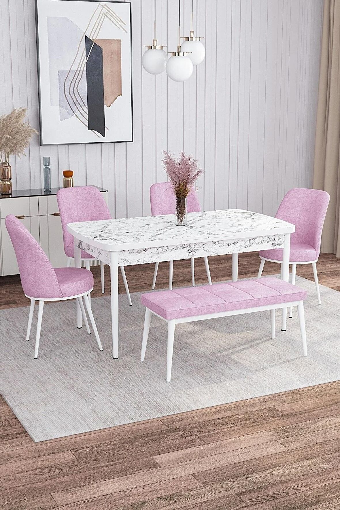 Rovena Leona Beyaz Mermer 80x132 Açılabilir Mdf Mutfak Masası Takımı 4 Adet Sandalye + 1 Bench