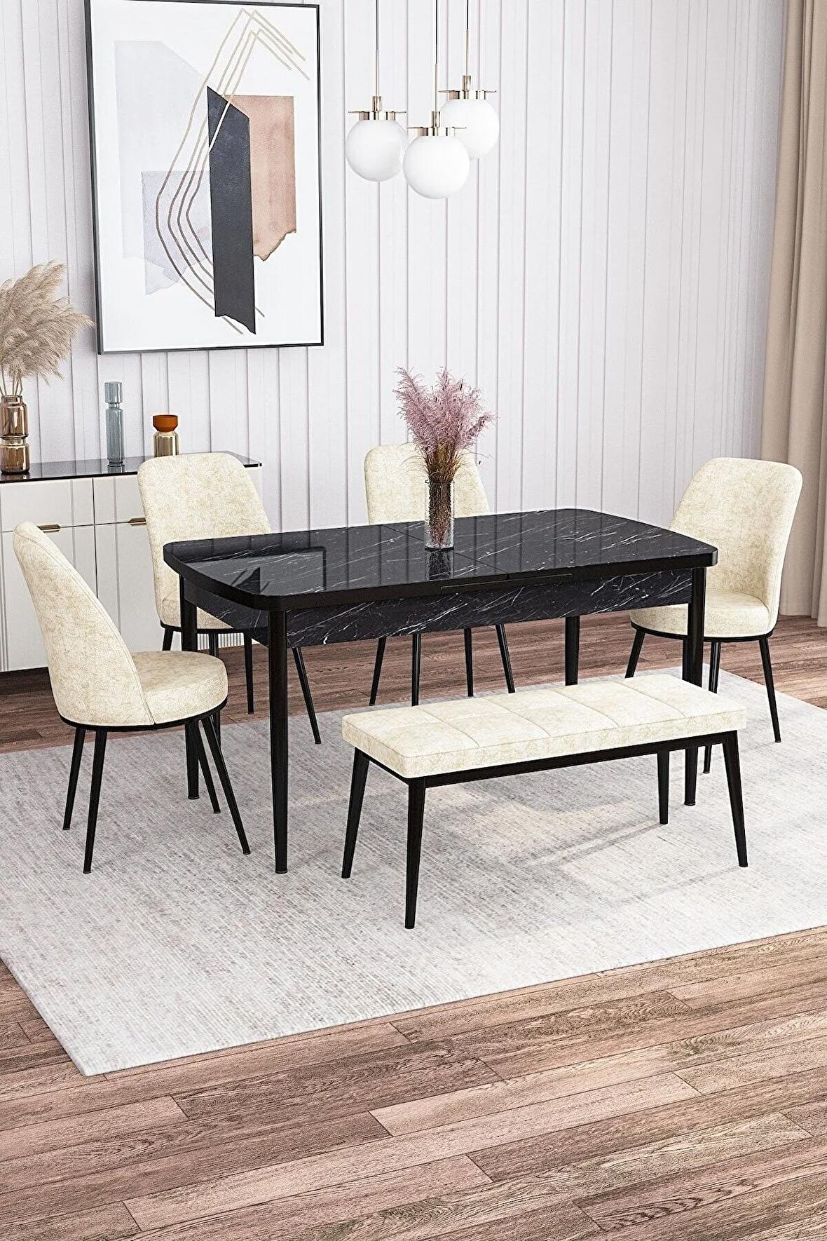 Rovena Leona Siyah Mermer 80x132 Açılabilir Mdf Mutfak Masası Takımı 4 Adet Sandalye + 1 Bench