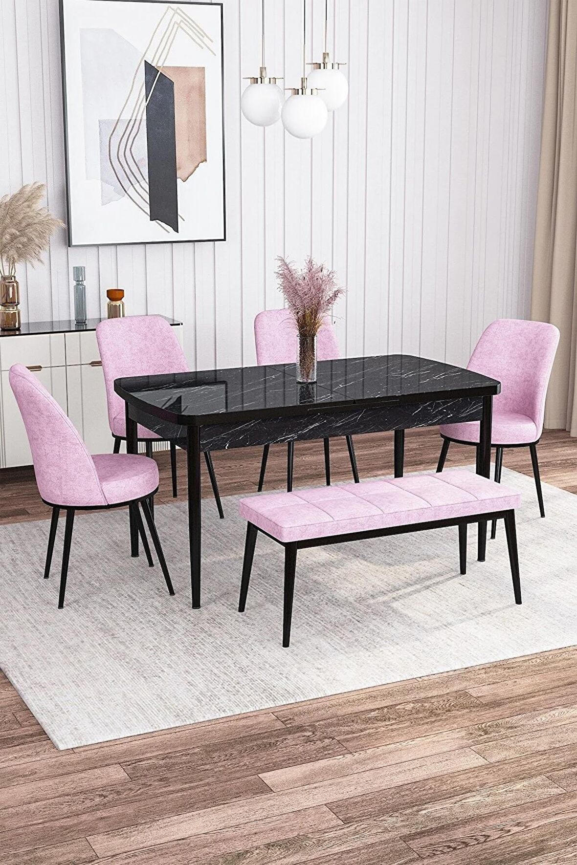 Rovena Leona Siyah Mermer 80x132 Açılabilir Mdf Mutfak Masası Takımı 4 Adet Sandalye + 1 Bench