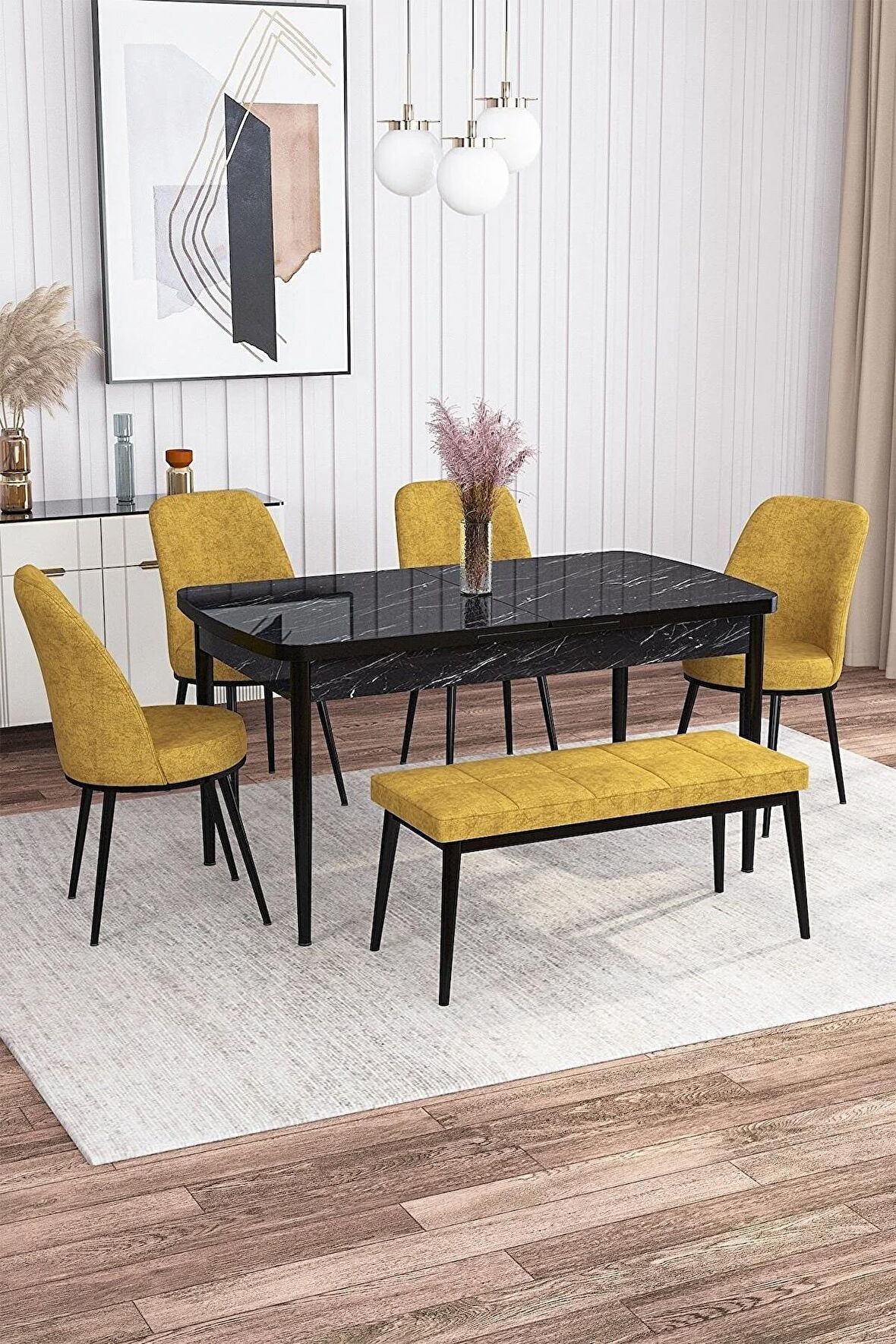 Rovena Leona Siyah Mermer 80x132 Açılabilir Mdf Mutfak Masası Takımı 4 Adet Sandalye + 1 Bench