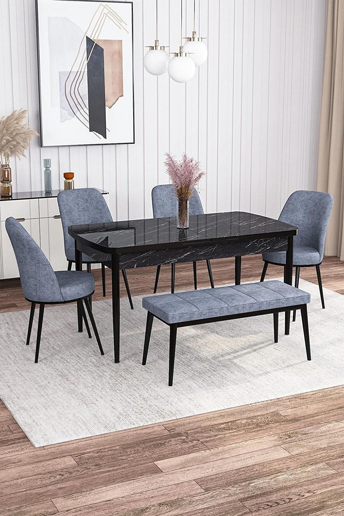 Rovena Leona Siyah Mermer 80x132 Açılabilir Mdf Mutfak Masası Takımı 4 Adet Sandalye + 1 Bench