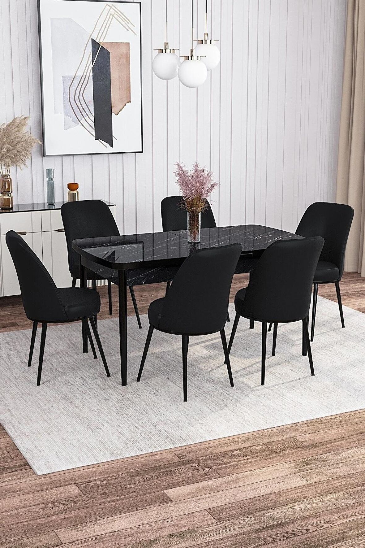 Rovena Leona Siyah Mermer 80x132 Açılabilir Mdf Mutfak Masası Takımı 6 Adet Sandalye