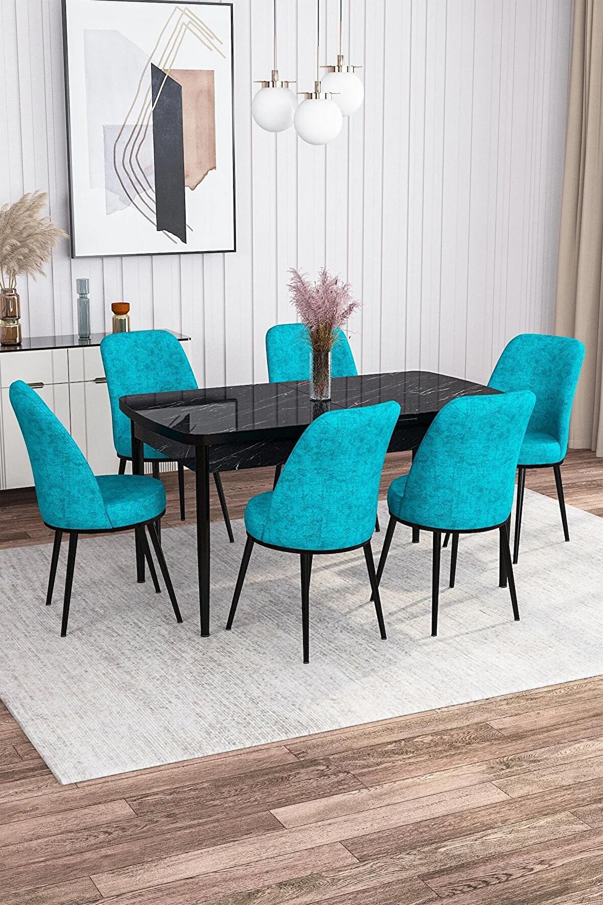 Rovena Leona Siyah Mermer 80x132 Açılabilir Mdf Mutfak Masası Takımı 6 Adet Sandalye