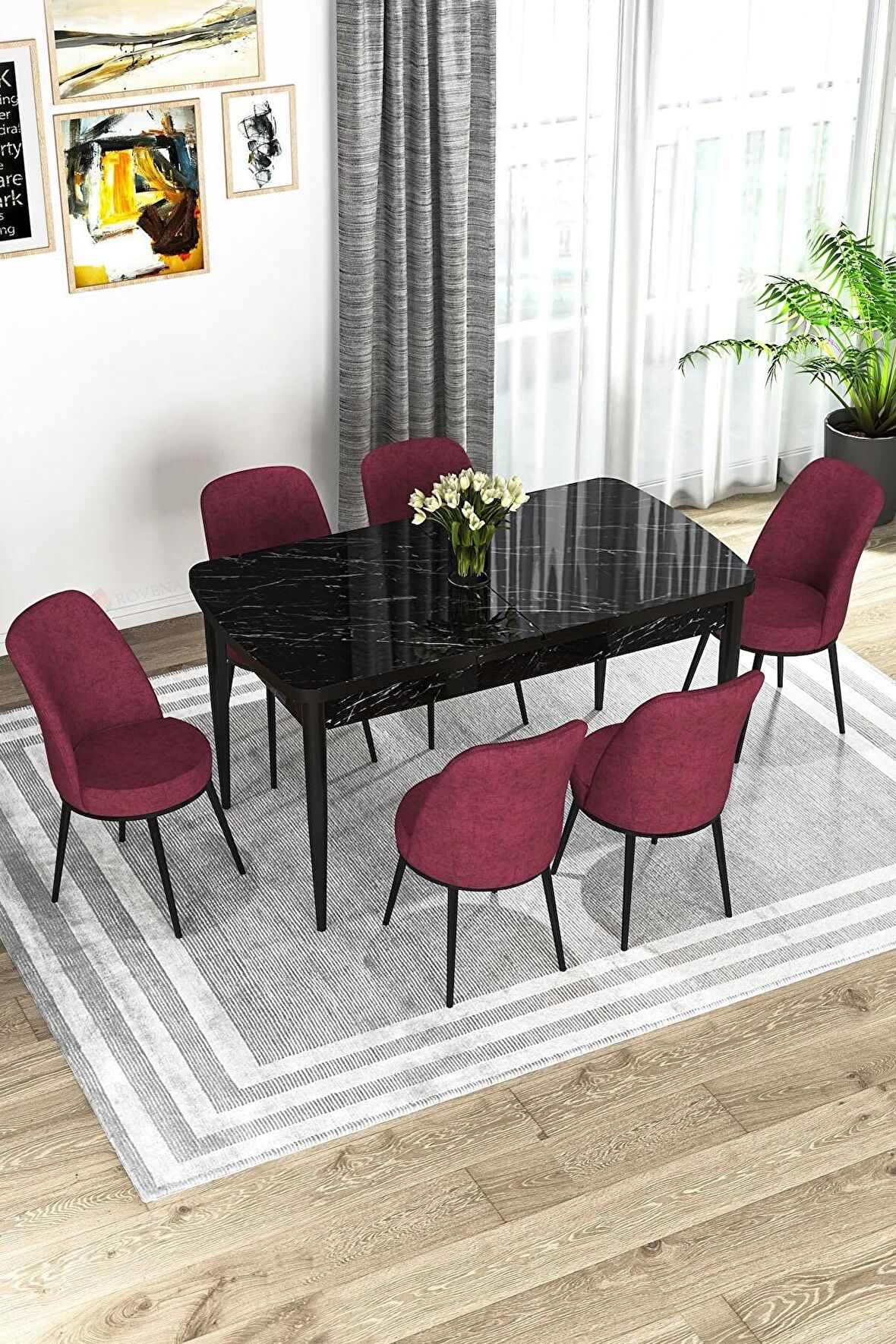 Rovena Leona Siyah Mermer 80x132 Açılabilir Mdf Mutfak Masası Takımı 6 Adet Sandalye