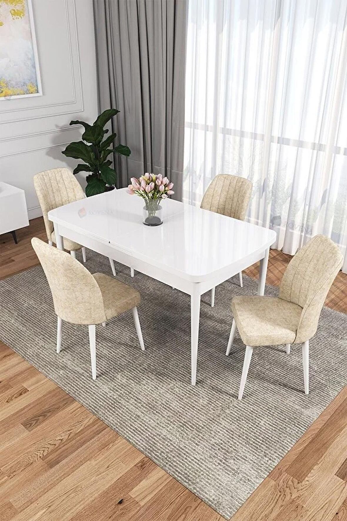 Rovena Zeta Beyaz 80x132 Açılabilir Mdf Mutfak Masası Takımı 4 Adet Sandalye