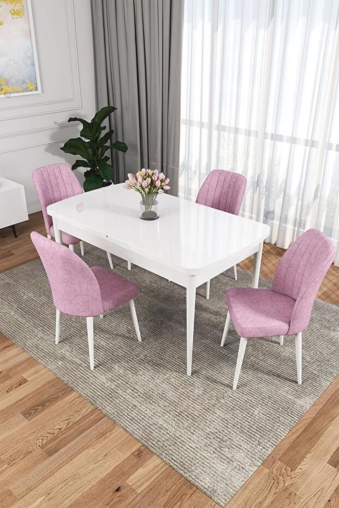 Rovena Zeta Beyaz 80x132 Açılabilir Mdf Mutfak Masası Takımı 4 Adet Sandalye