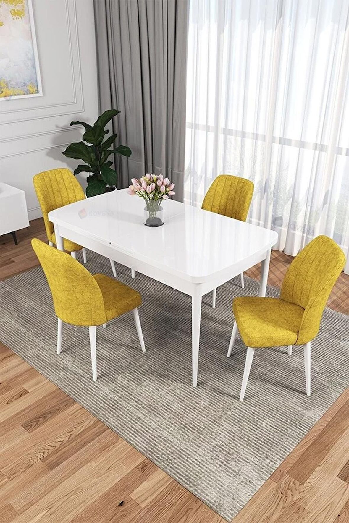 Rovena Zeta Beyaz 80x132 Açılabilir Mdf Mutfak Masası Takımı 4 Adet Sandalye