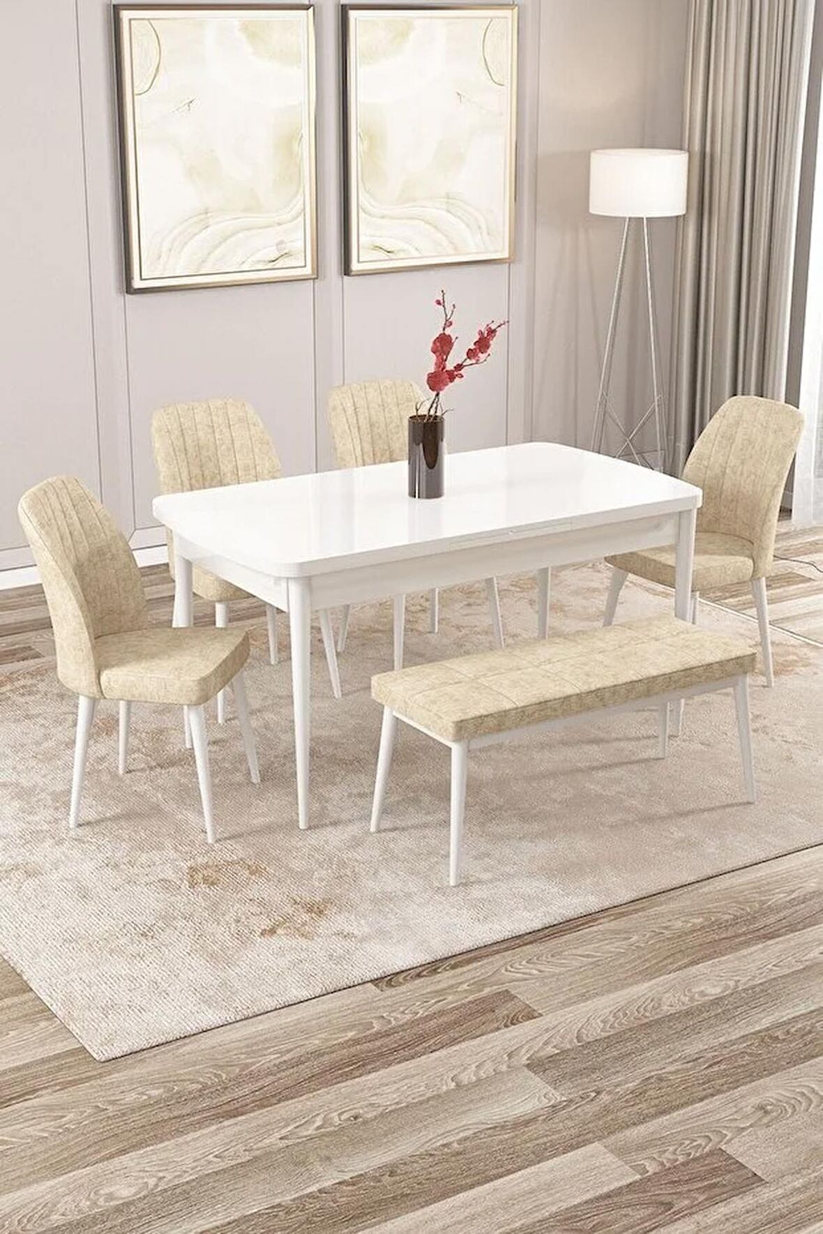 Rovena Zeta Beyaz 80x132 Açılabilir Mdf Mutfak Masası Takımı 4 Adet Sandalye + 1 Bench