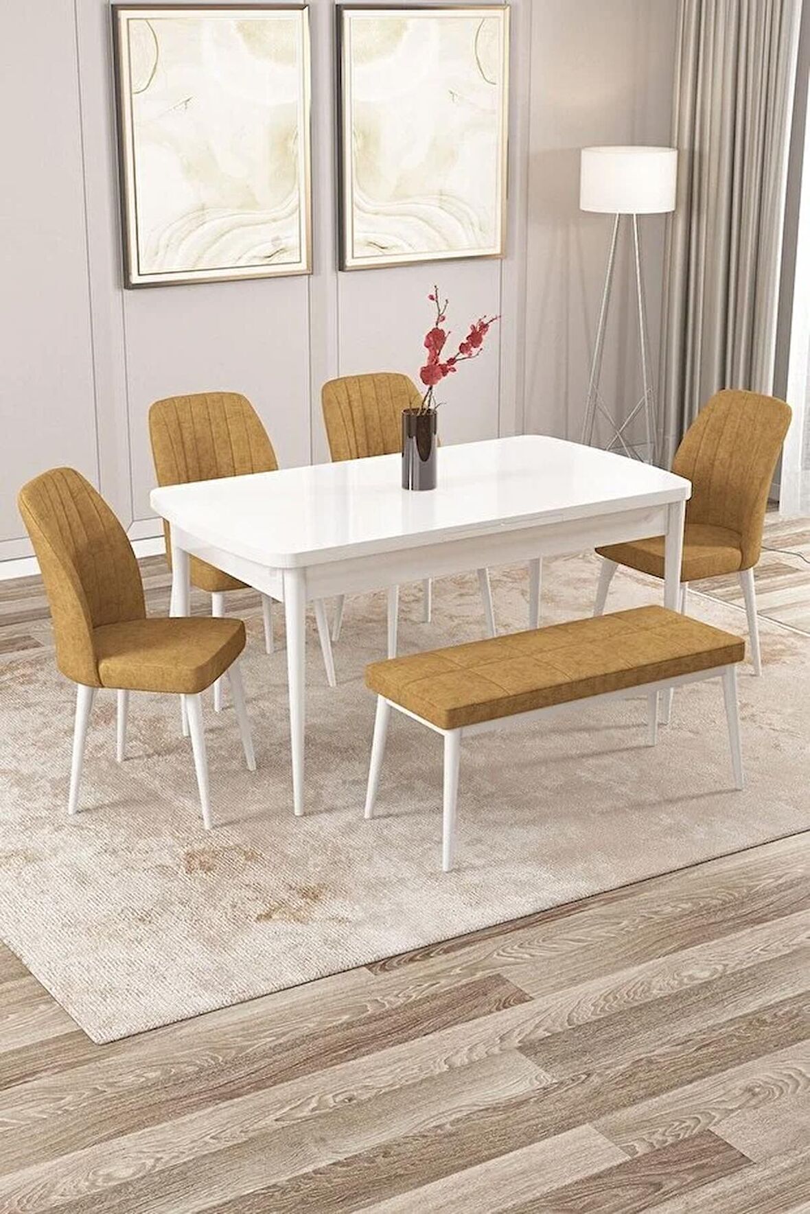 Rovena Zeta Beyaz 80x132 Açılabilir Mdf Mutfak Masası Takımı 4 Adet Sandalye + 1 Bench