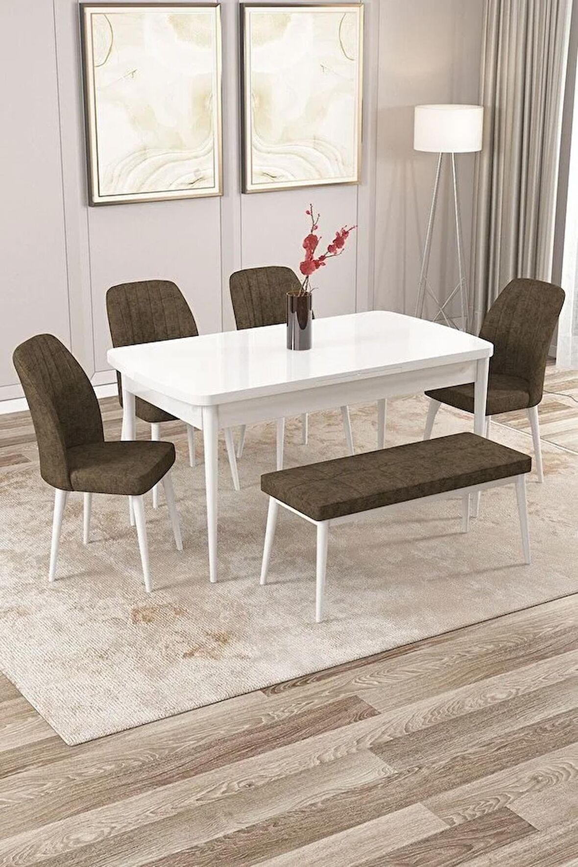 Rovena Zeta Beyaz 80x132 Açılabilir Mdf Mutfak Masası Takımı 4 Adet Sandalye + 1 Bench