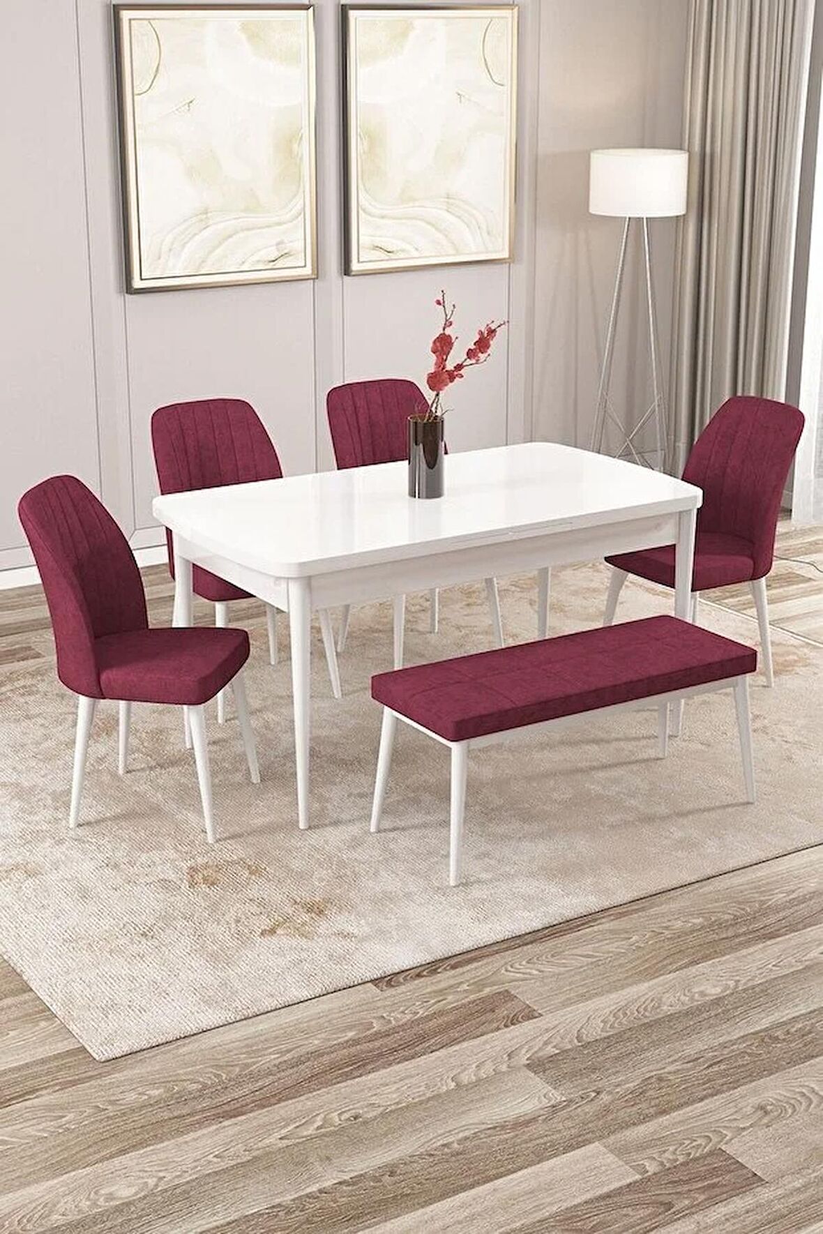 Rovena Zeta Beyaz 80x132 Açılabilir Mdf Mutfak Masası Takımı 4 Adet Sandalye + 1 Bench