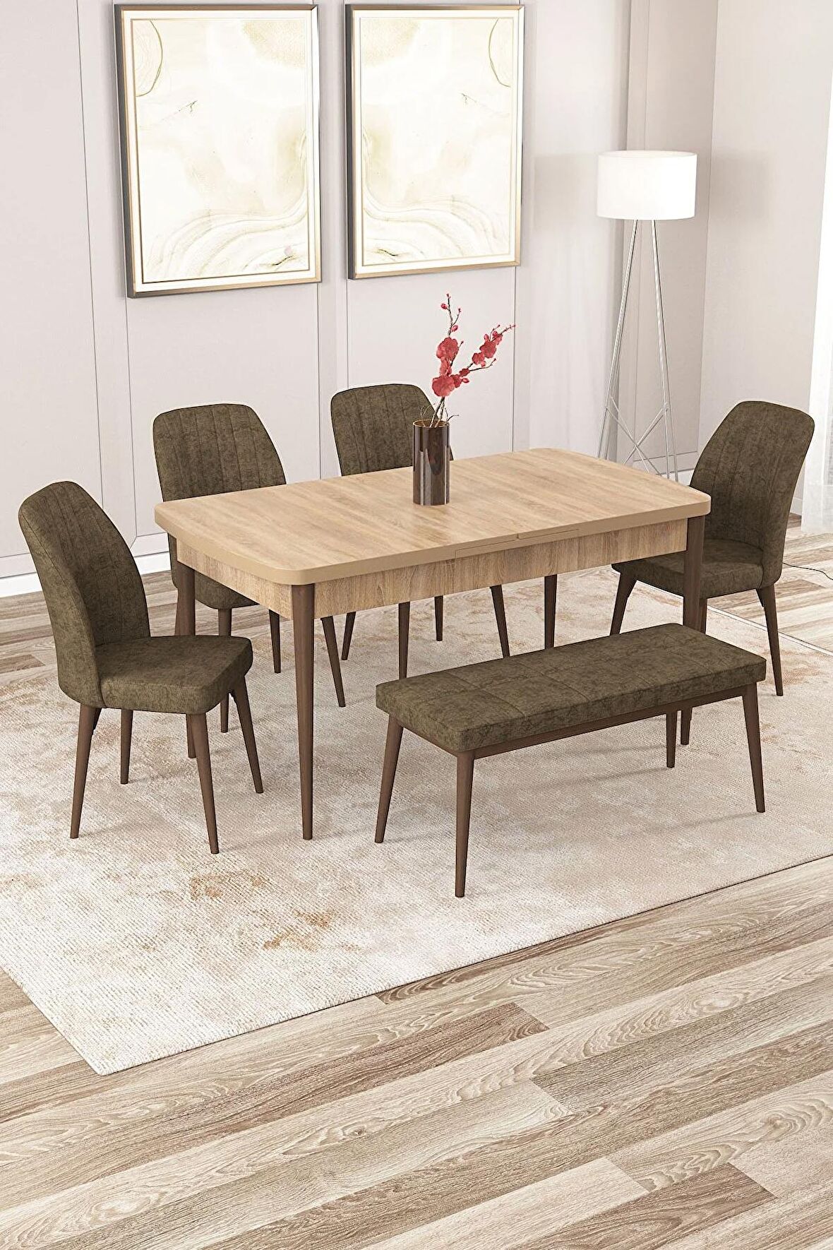 Rovena Zeta Meşe 80x132 Açılabilir Mdf Mutfak Masası Takımı 4 Adet Sandalye + 1 Bench