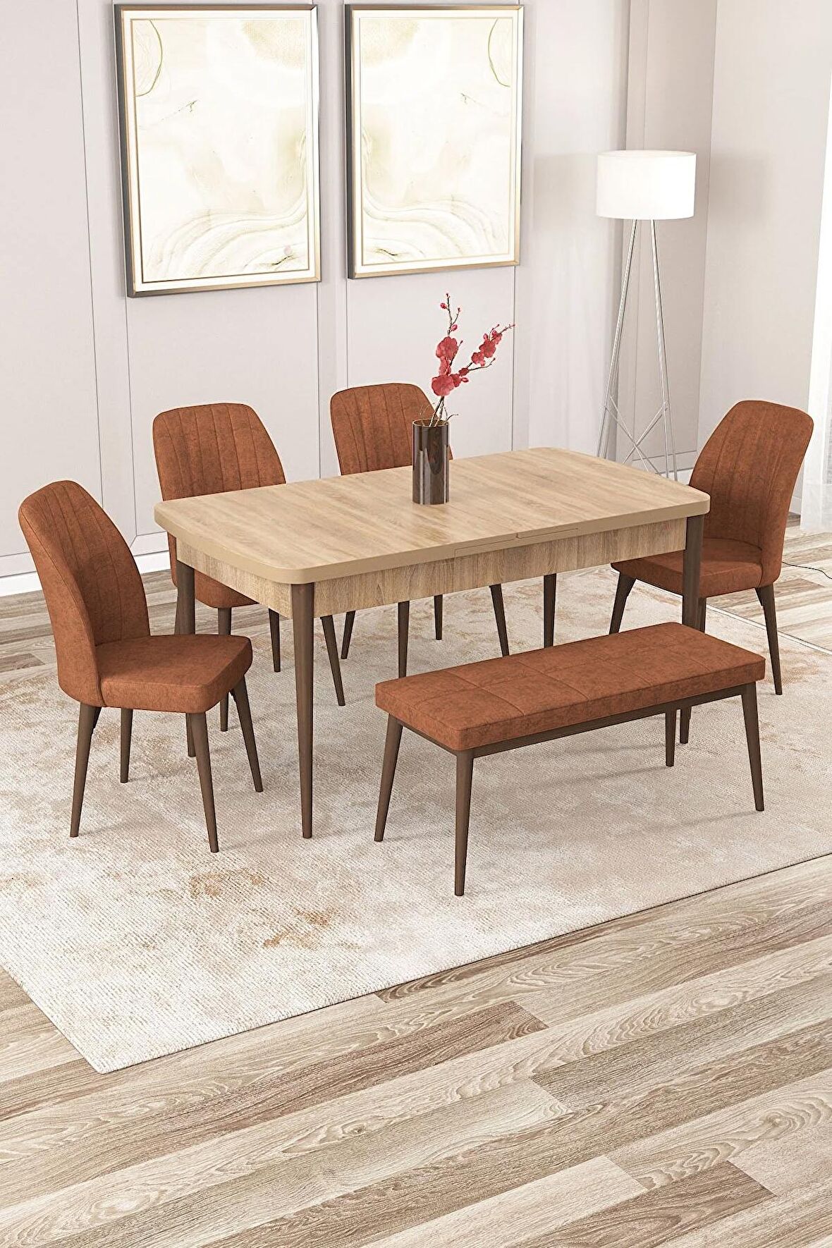 Rovena Zeta Meşe 80x132 Açılabilir Mdf Mutfak Masası Takımı 4 Adet Sandalye + 1 Bench