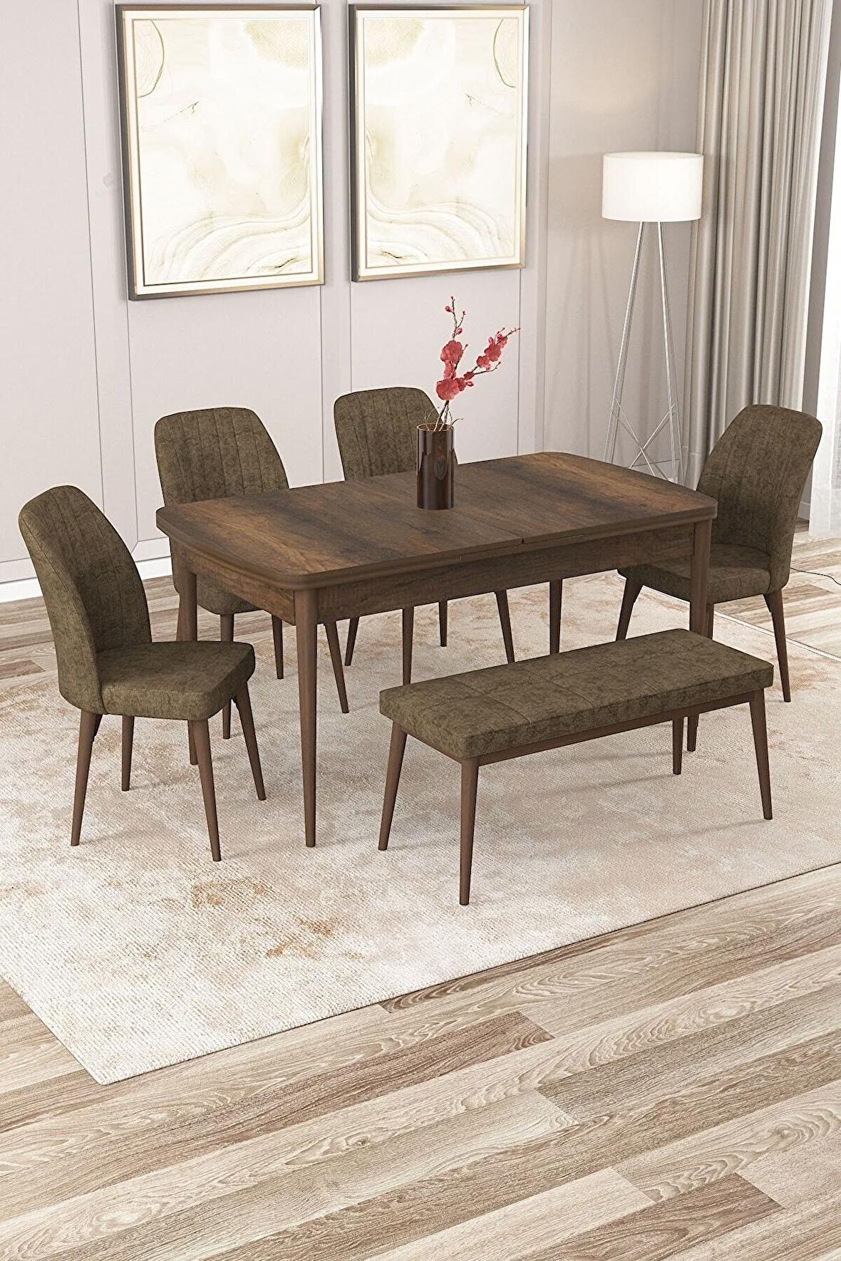 Rovena Zeta Barok 80x132 Açılabilir Mdf Mutfak Masası Takımı 4 Adet Sandalye + 1 Bench