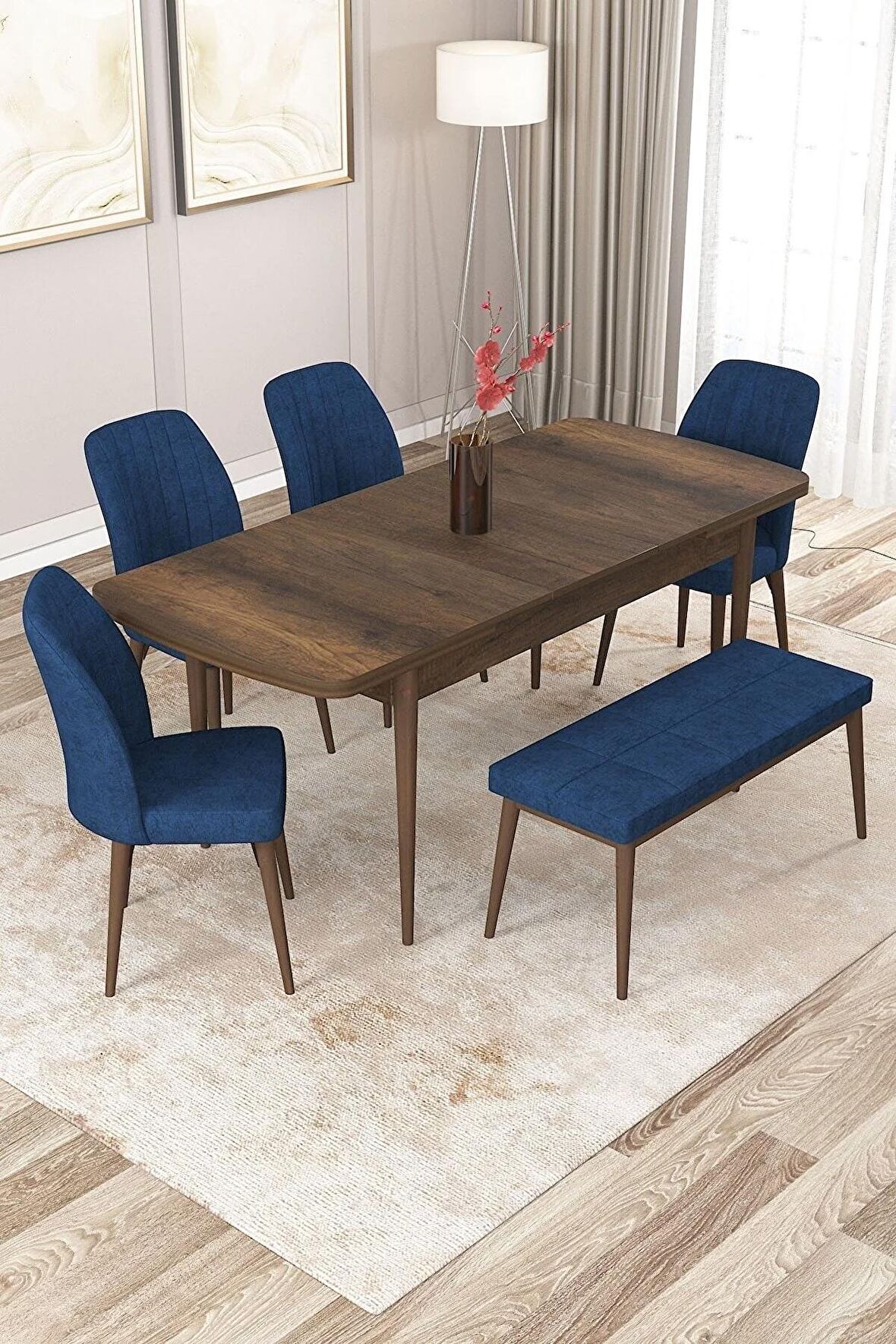 Rovena Zeta Barok 80x132 Açılabilir Mdf Mutfak Masası Takımı 4 Adet Sandalye + 1 Bench