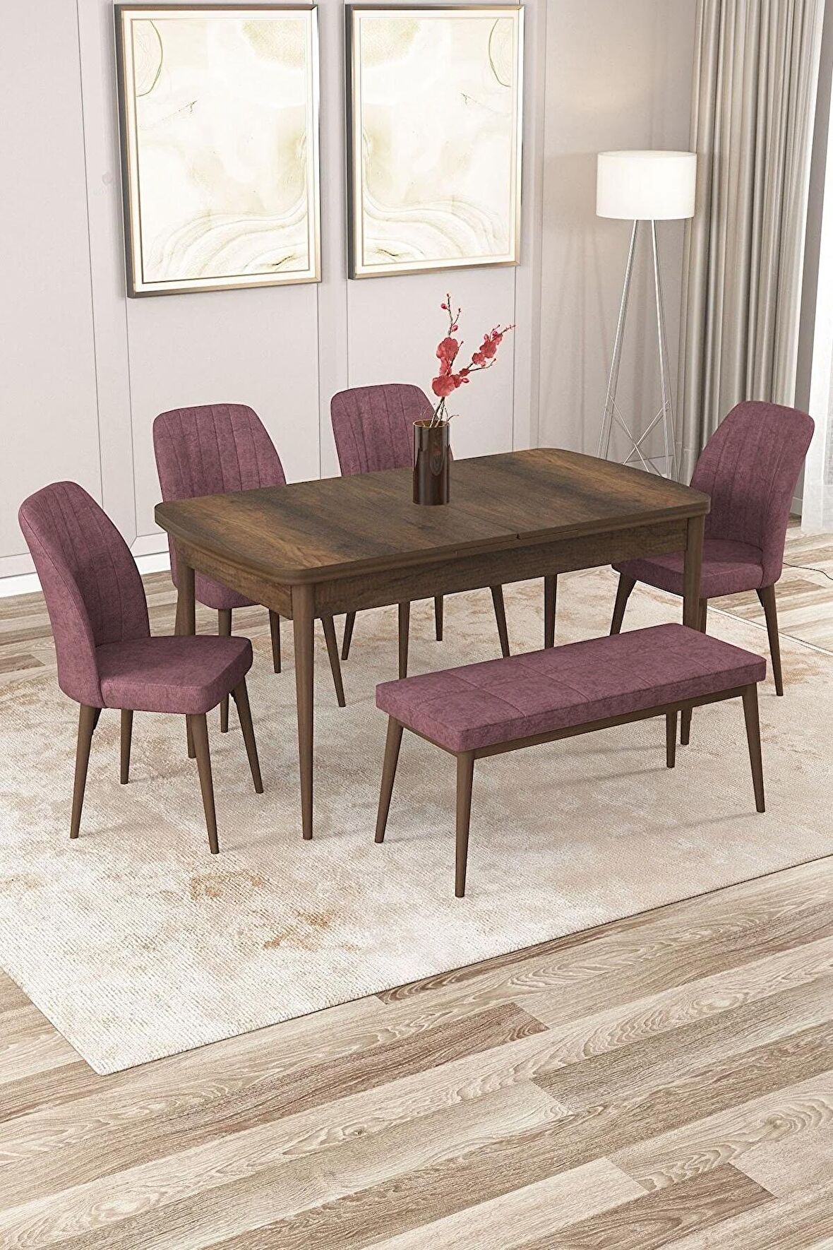 Rovena Zeta Barok 80x132 Açılabilir Mdf Mutfak Masası Takımı 4 Adet Sandalye + 1 Bench