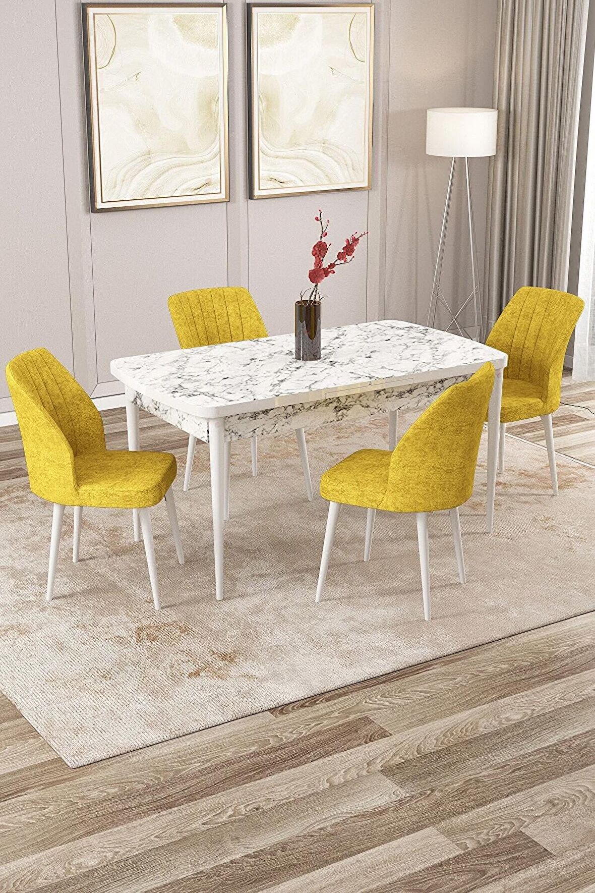 Rovena Zeta Beyaz Mermer 80x132 Açılabilir Mdf Mutfak Masası Takımı 4 Adet Sandalye