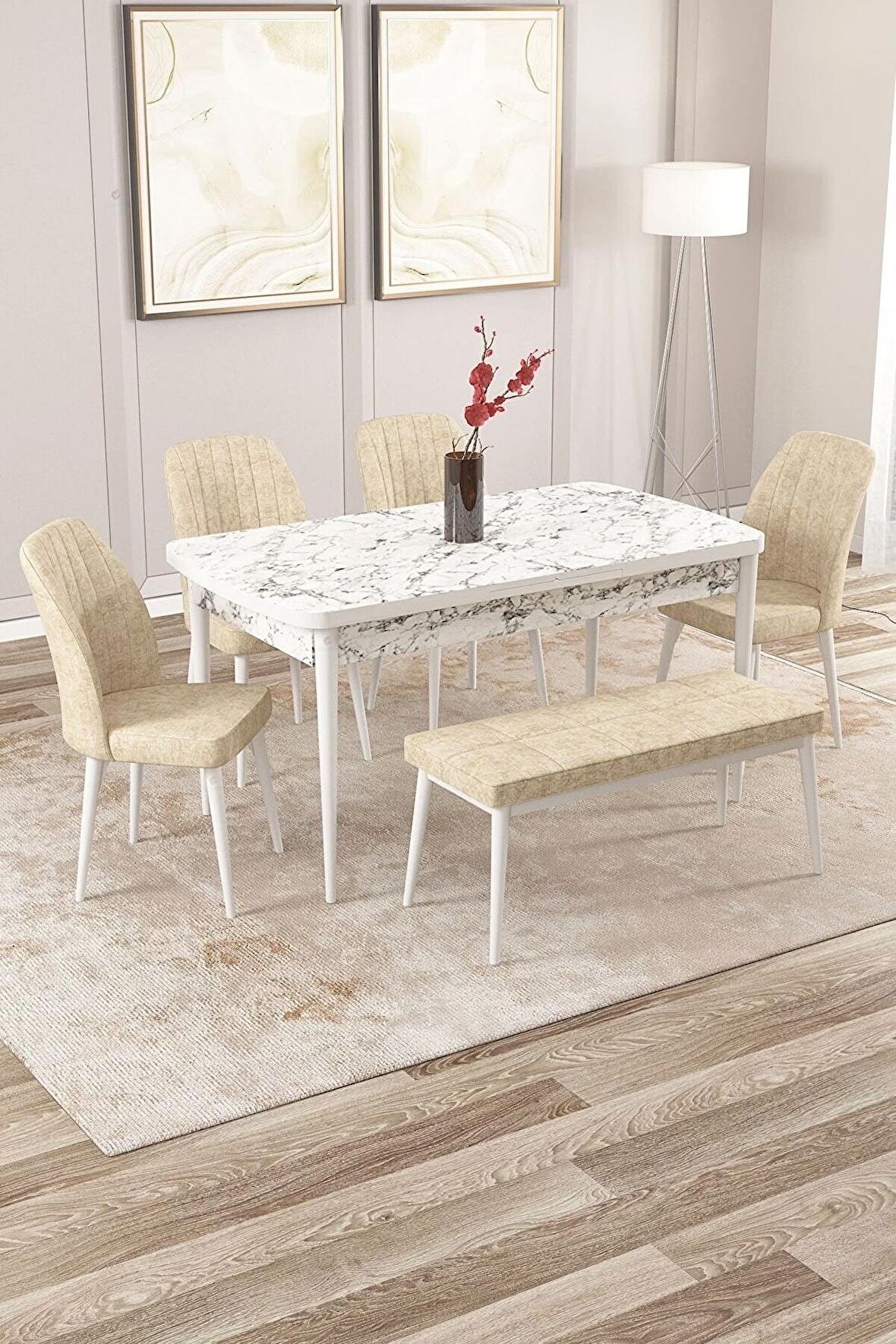 Rovena Zeta Beyaz Mermer 80x132 Açılabilir Mdf Mutfak Masası Takımı 4 Adet Sandalye + 1 Bench