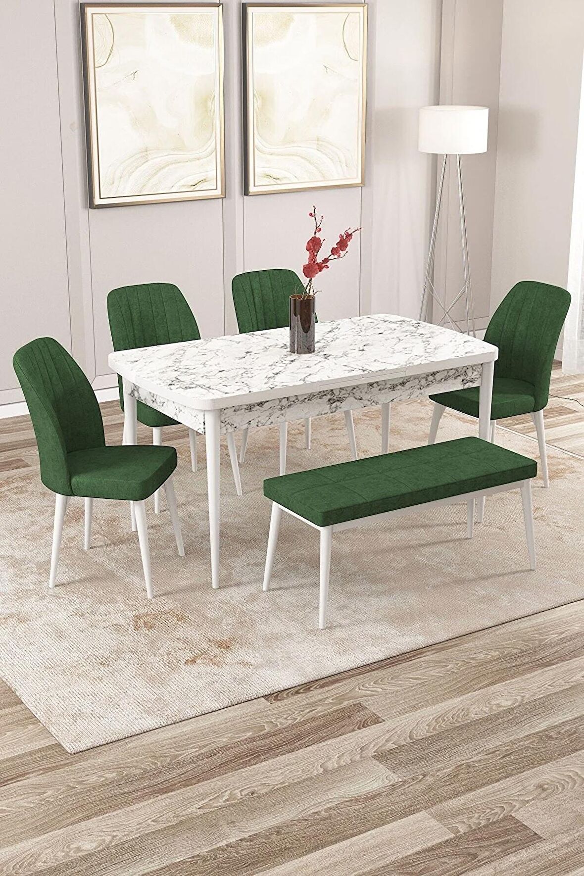Rovena Zeta Beyaz Mermer 80x132 Açılabilir Mdf Mutfak Masası Takımı 4 Adet Sandalye + 1 Bench
