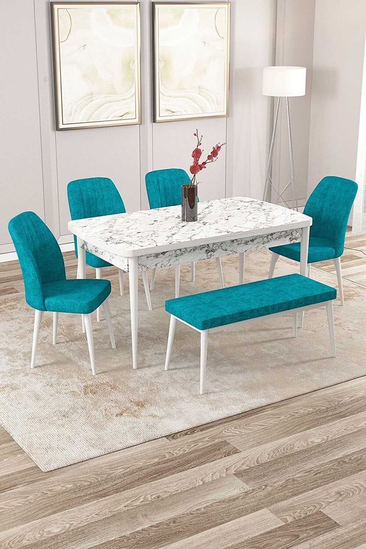 Rovena Zeta Beyaz Mermer 80x132 Açılabilir Mdf Mutfak Masası Takımı 4 Adet Sandalye + 1 Bench