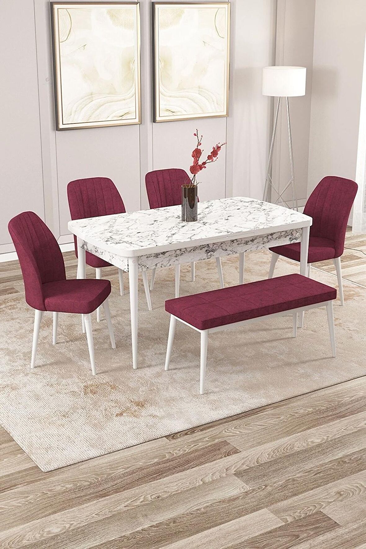 Rovena Zeta Beyaz Mermer 80x132 Açılabilir Mdf Mutfak Masası Takımı 4 Adet Sandalye + 1 Bench
