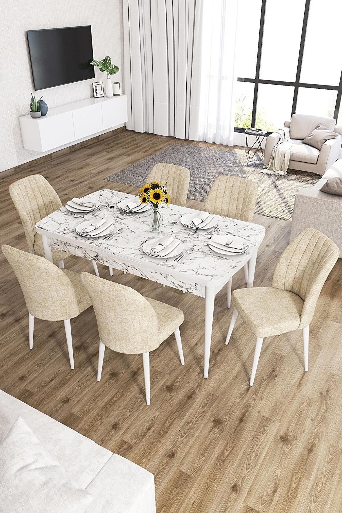 Rovena Zeta Beyaz Mermer 80x132 Açılabilir Mdf Mutfak Masası Takımı 6 Adet Sandalye