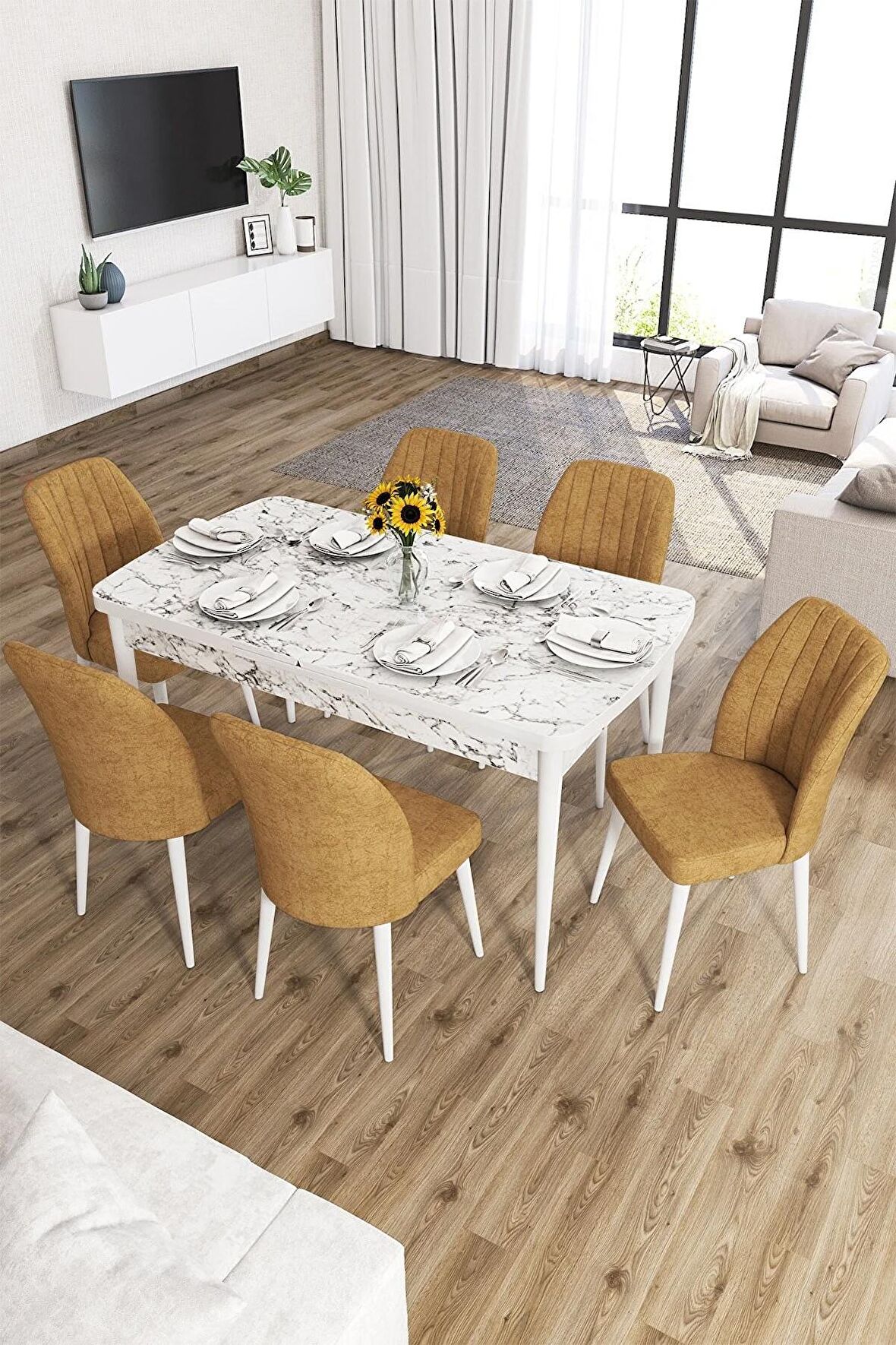 Rovena Zeta Beyaz Mermer 80x132 Açılabilir Mdf Mutfak Masası Takımı 6 Adet Sandalye