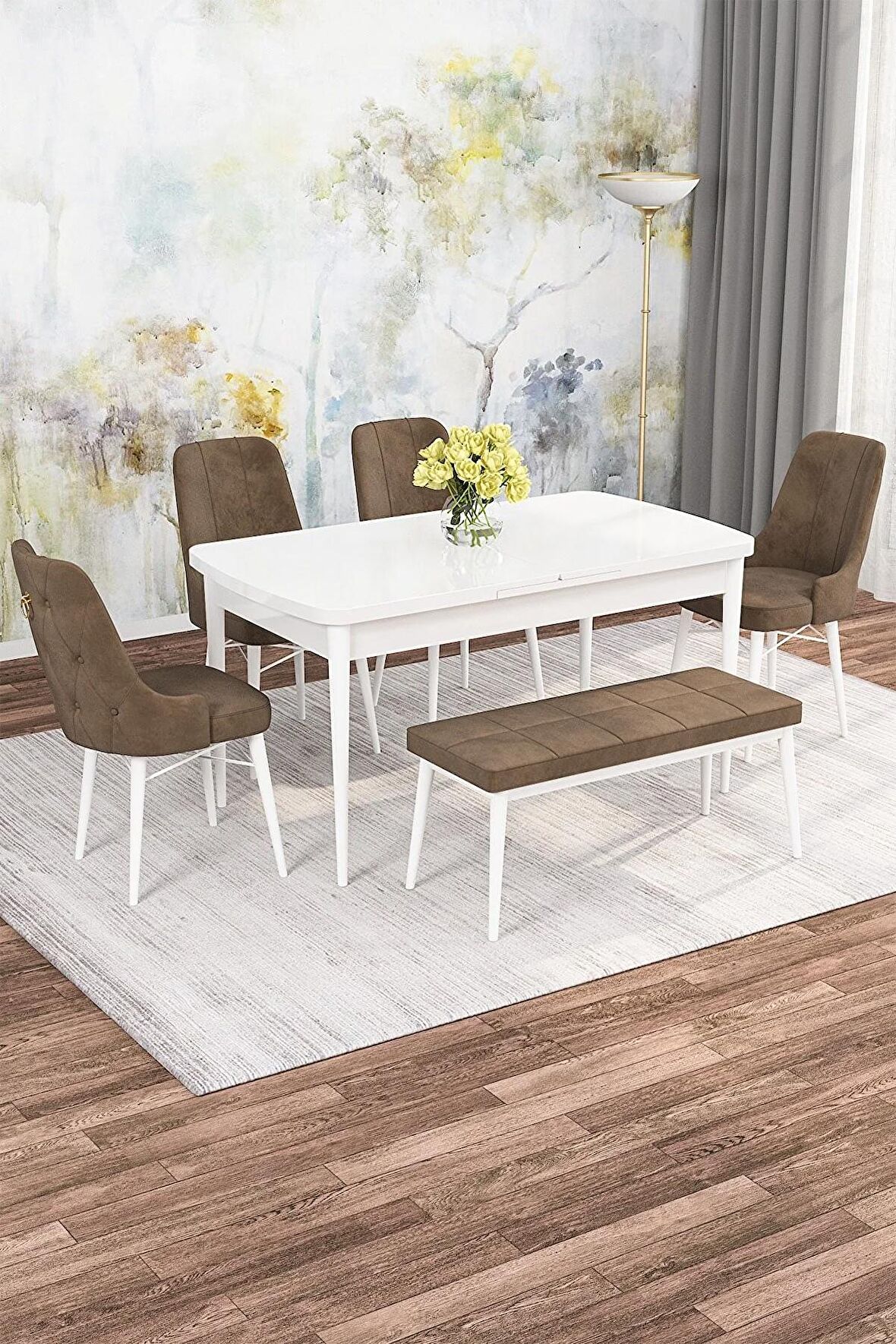 Rovena Mona Beyaz 80x132 Açılabilir Mdf Mutfak Masası Takımı 4 Adet Sandalye+1 Bench