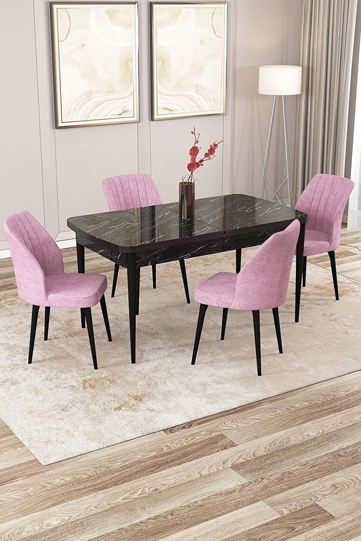 Rovena Zeta Siyah Mermer 80x132 Açılabilir Mdf Mutfak Masası Takımı 4 Adet Sandalye