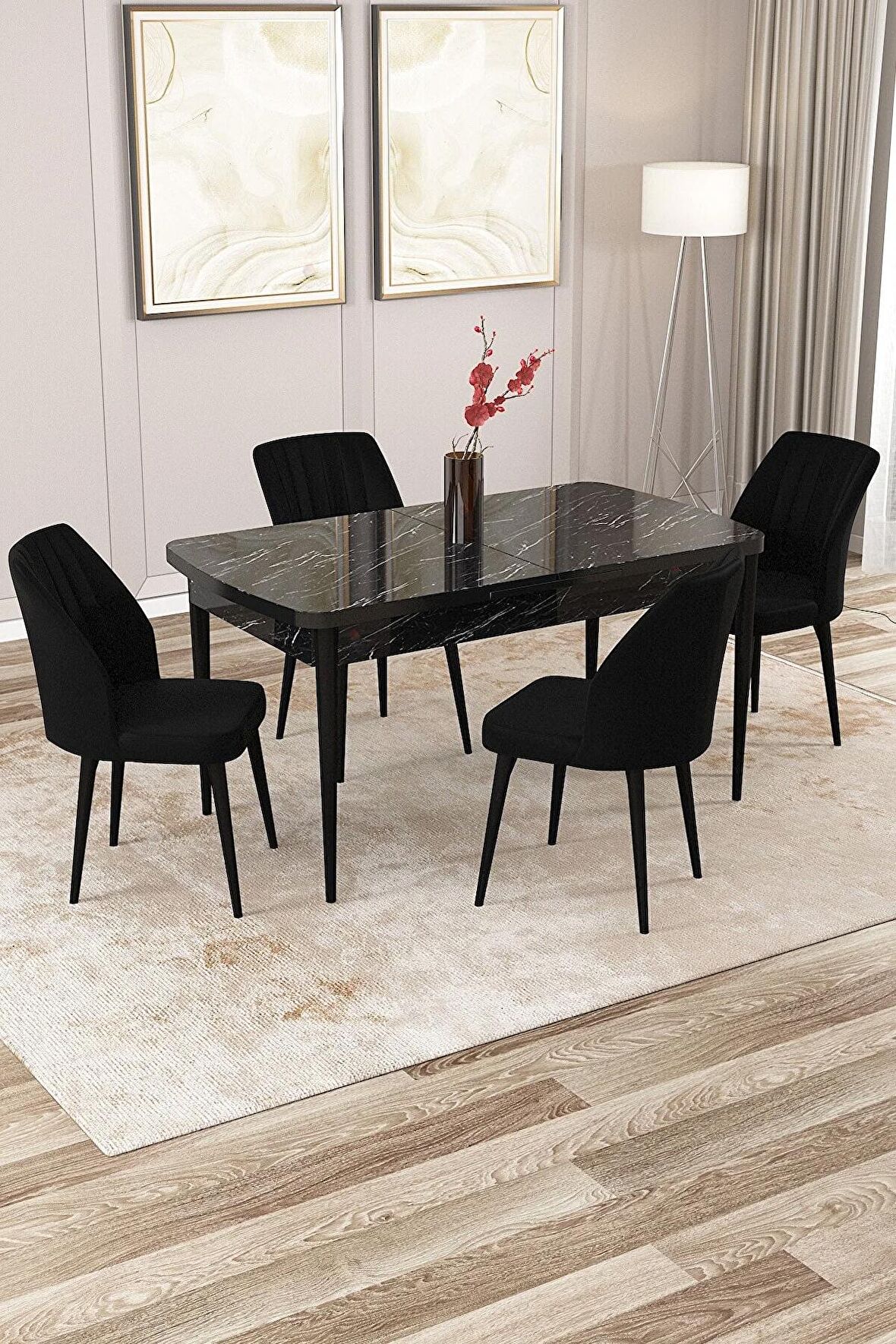 Rovena Zeta Siyah Mermer 80x132 Açılabilir Mdf Mutfak Masası Takımı 4 Adet Sandalye