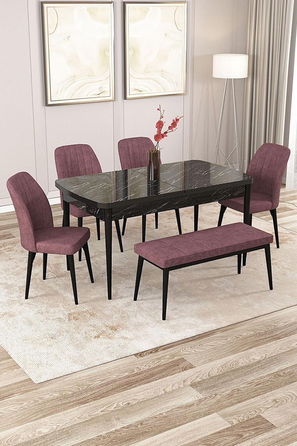 Rovena Zeta Siyah Mermer 80x132 Açılabilir Mdf Mutfak Masası Takımı 4 Adet Sandalye + 1 Bench