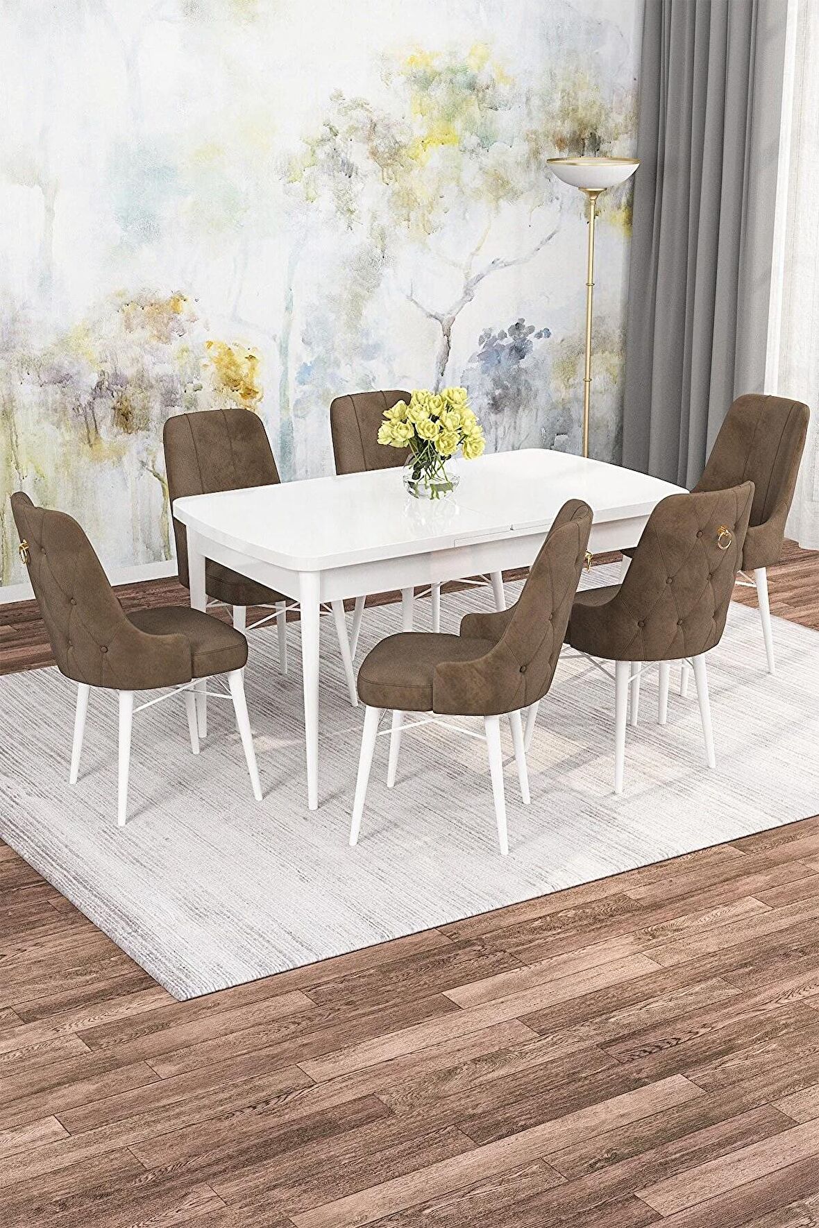 Rovena Mona Beyaz 80x132 Açılabilir Mdf Mutfak Masası Takımı 6 Adet Sandalye