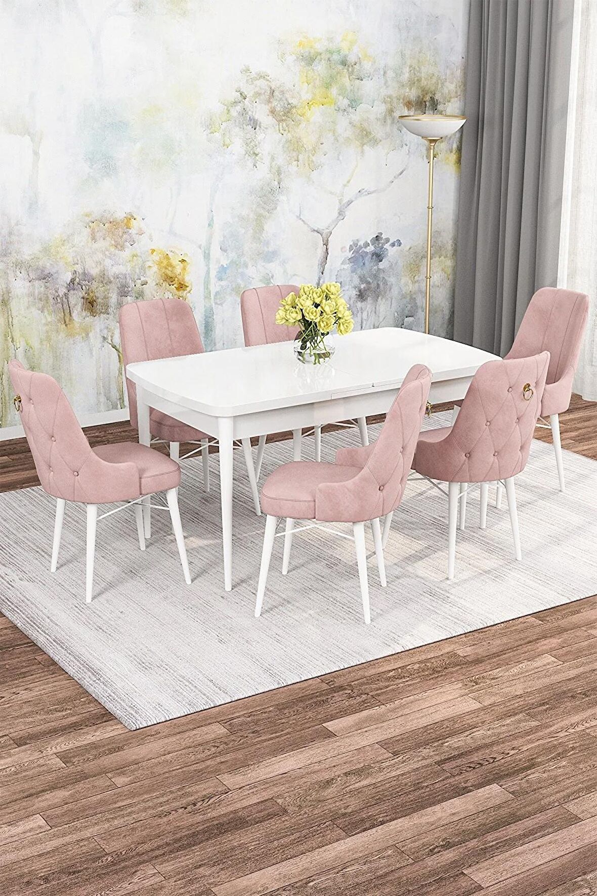 Rovena Mona Beyaz 80x132 Açılabilir Mdf Mutfak Masası Takımı 6 Adet Sandalye