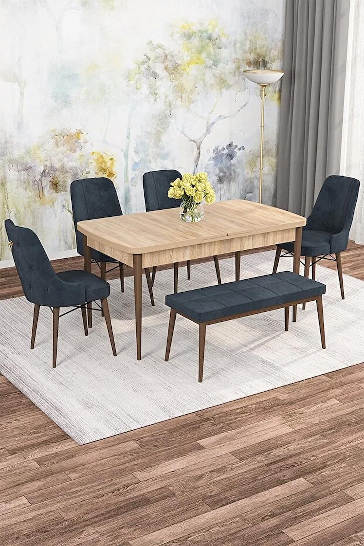Rovena Mona Meşe 80x132 Açılabilir Mdf Mutfak Masası Takımı 4 Adet Sandalye+1 Bench