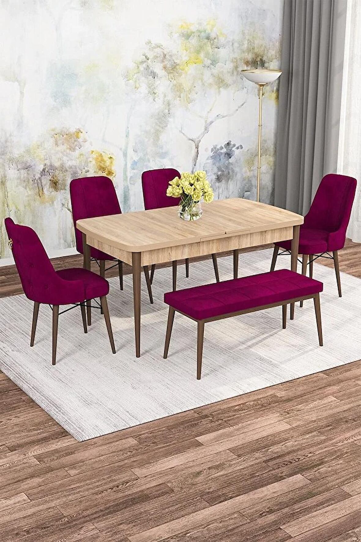 Rovena Mona Meşe 80x132 Açılabilir Mdf Mutfak Masası Takımı 4 Adet Sandalye+1 Bench