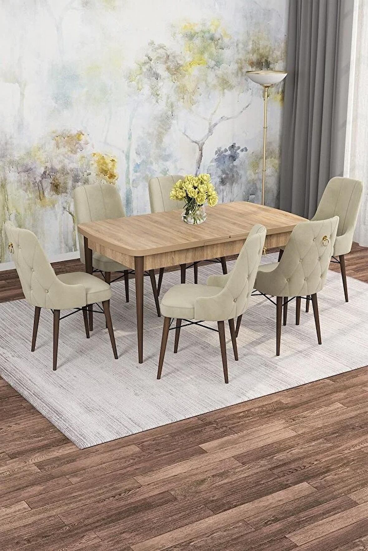 Rovena Mona Meşe 80x132 Açılabilir Mdf Mutfak Masası Takımı 6 Adet Sandalye