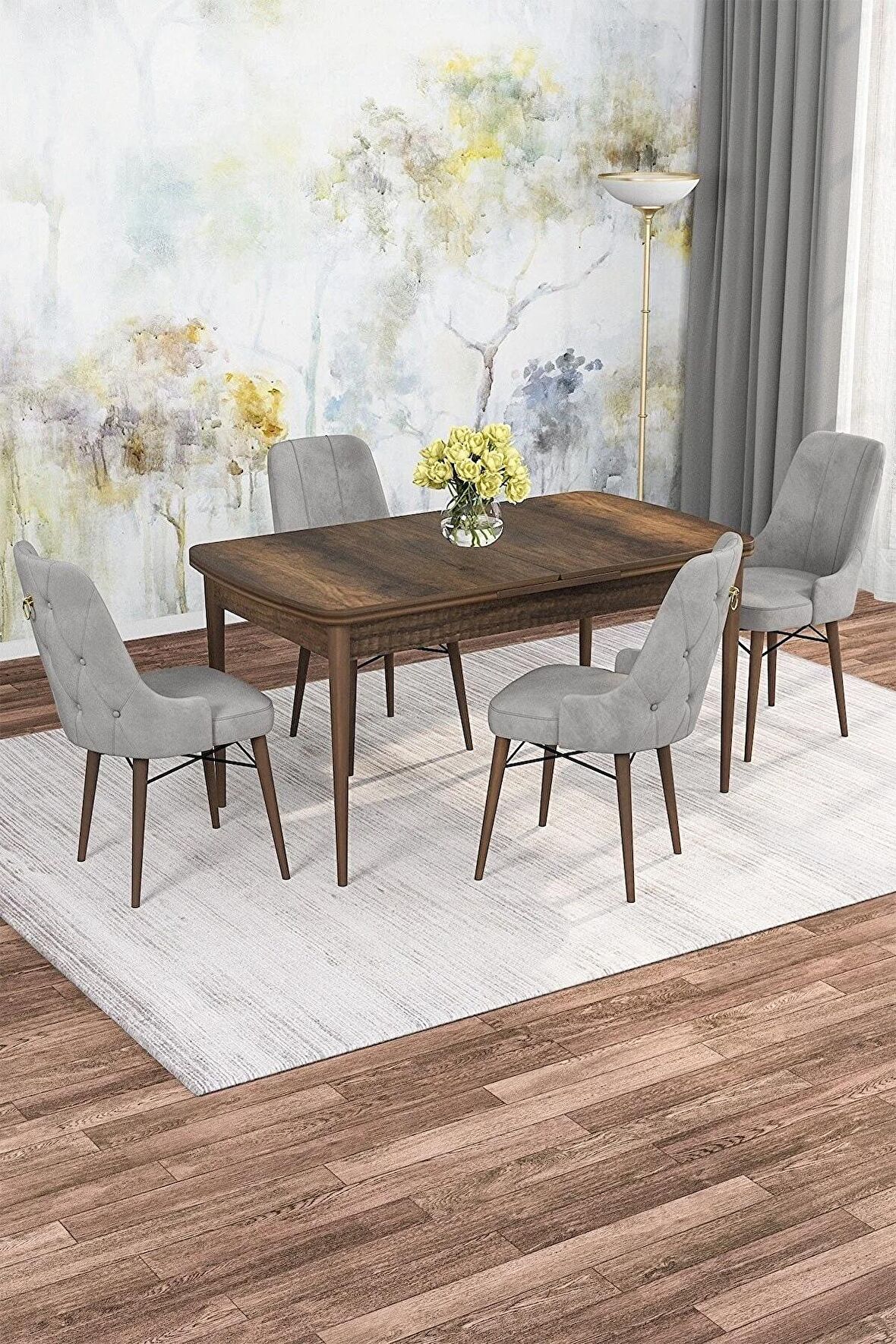 Rovena Mona Barok 80x132 Açılabilir Mdf Mutfak Masası Takımı 4 Adet Sandalye